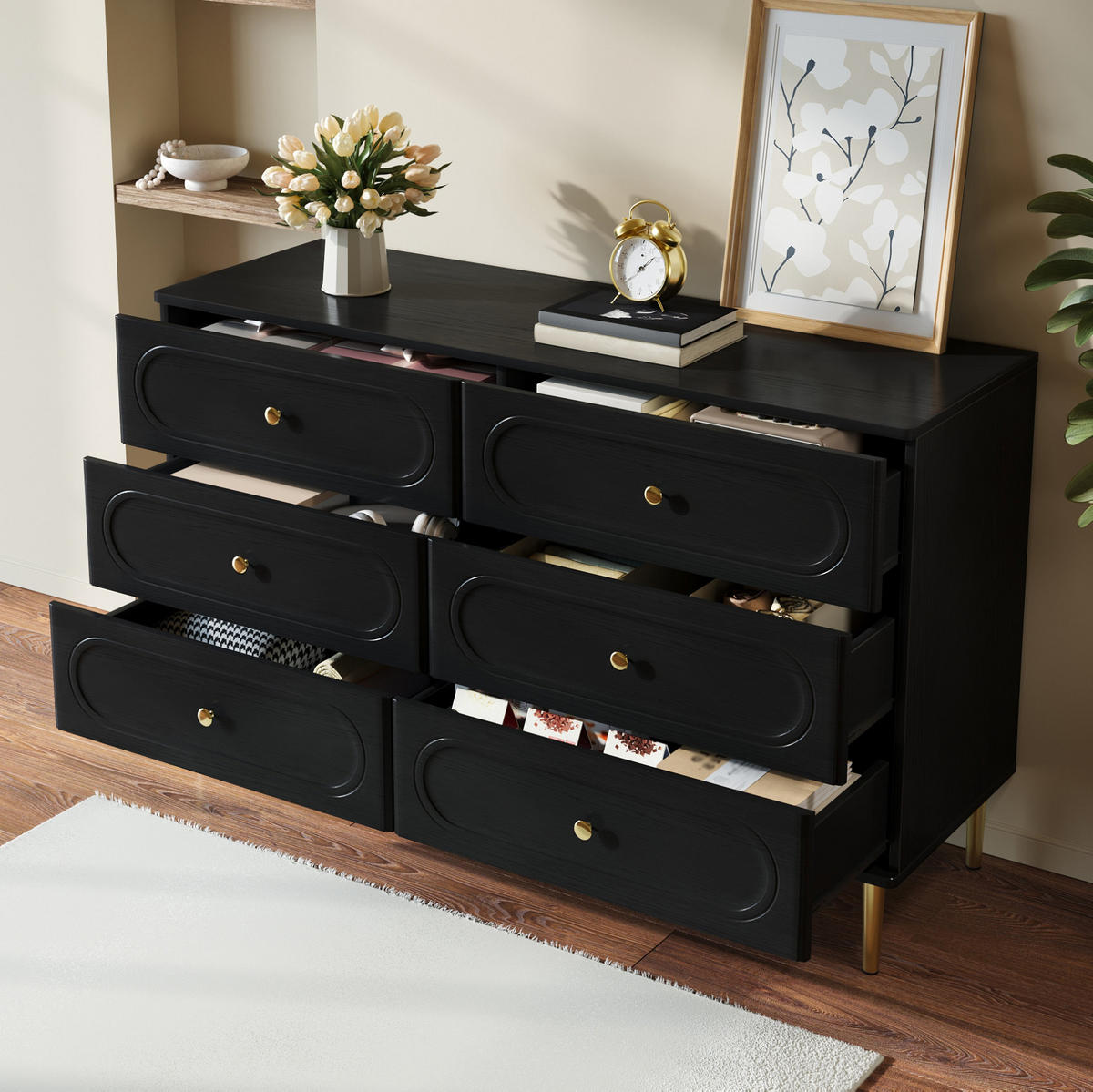 SIDEBOARD 120/40/75 cm schwarz aus MDF und Holzwerkstoff mit 6 Schubladen - Schwarz, Holzwerkstoff (120/75/40cm) - OKWISH