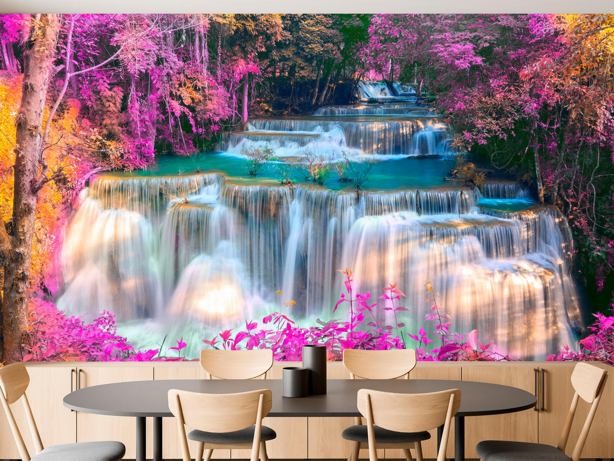 FOTOTAPETE für Schlafzimmer Wasserfall Pinker Wald Fantasie 500x350 - Türkis/Beige, Papier (500/350cm) - Muralo