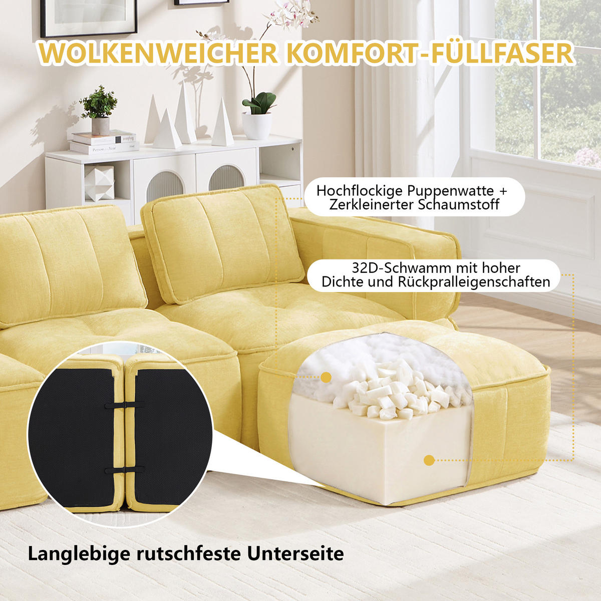2-SITZER-SOFA DE-34428 modular mit 2 Hockern Gelb - Gelb, Textil (162/67/198cm) - ComfortXL