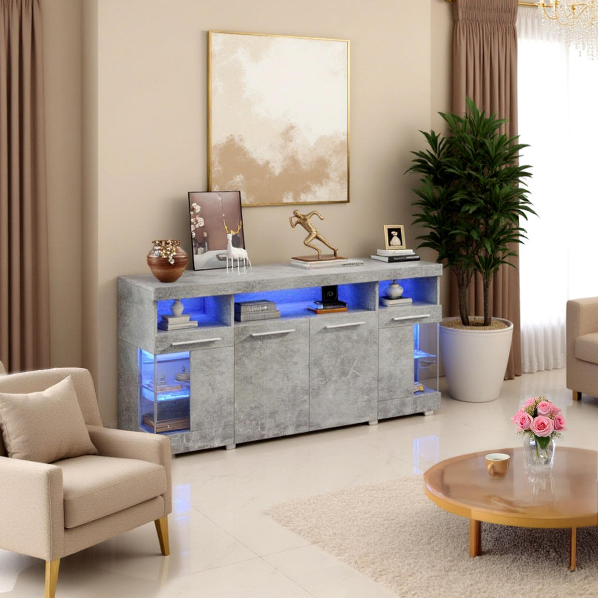 SIDEBOARD mit 16-Farben-LED-Beleuchtung und verstellbaren Regalen - Grau, Holzwerkstoff (140/70/40cm) - Urban Meuble