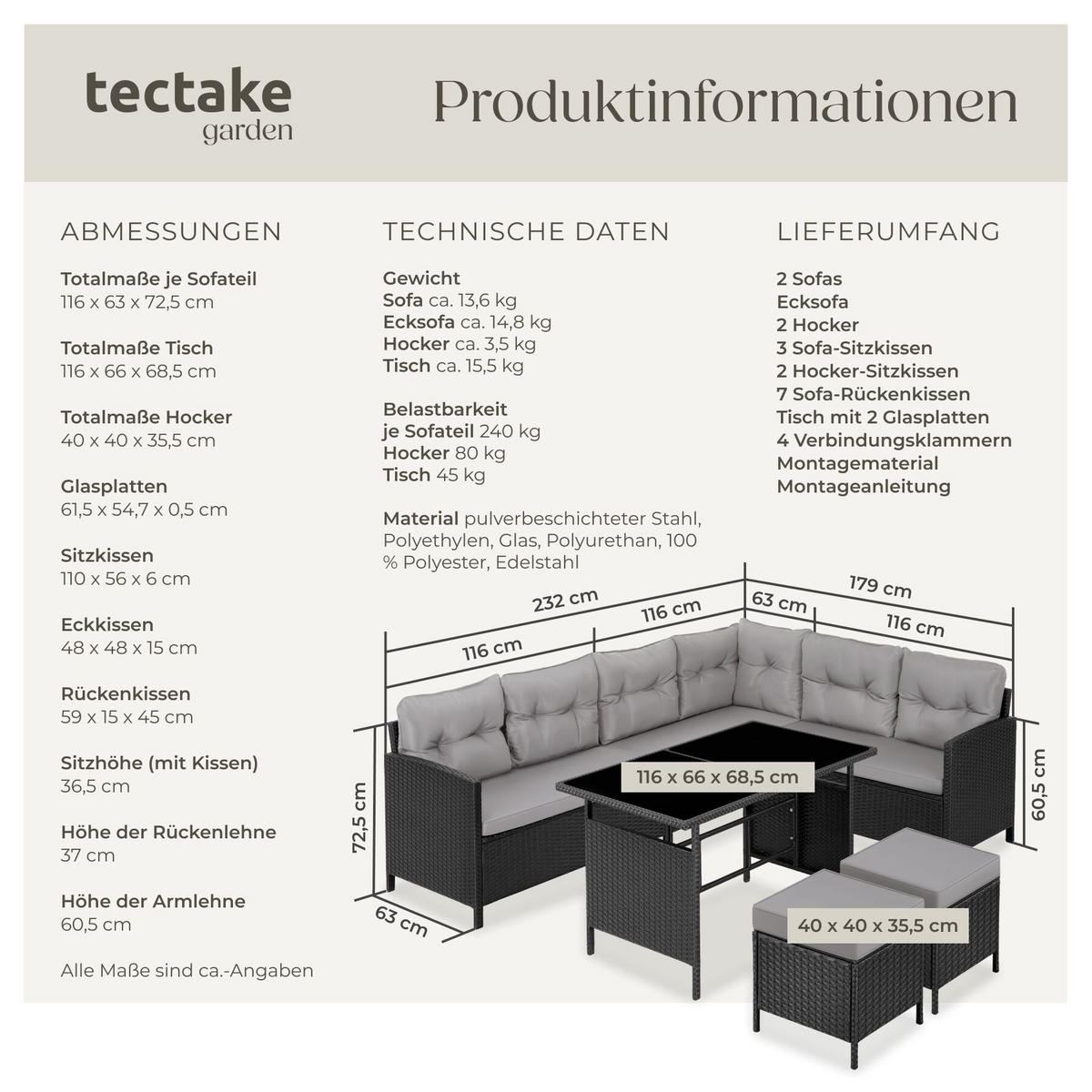 RATTANLOUNGE Barletta, mit Sicherheitsglasplatten, schwarz/grau - Schwarz/Grau, Kunststoff - tectake
