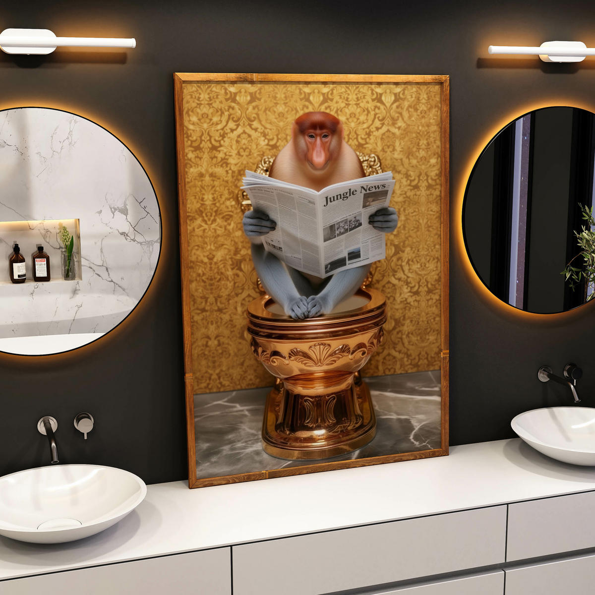 POSTER für WC Badezimmer NASENAFFE mit Zeitung Goldene Toilette Abstraktion 20x30cm - Beige/Orange, Papier (20/30/30cm) - Muralo