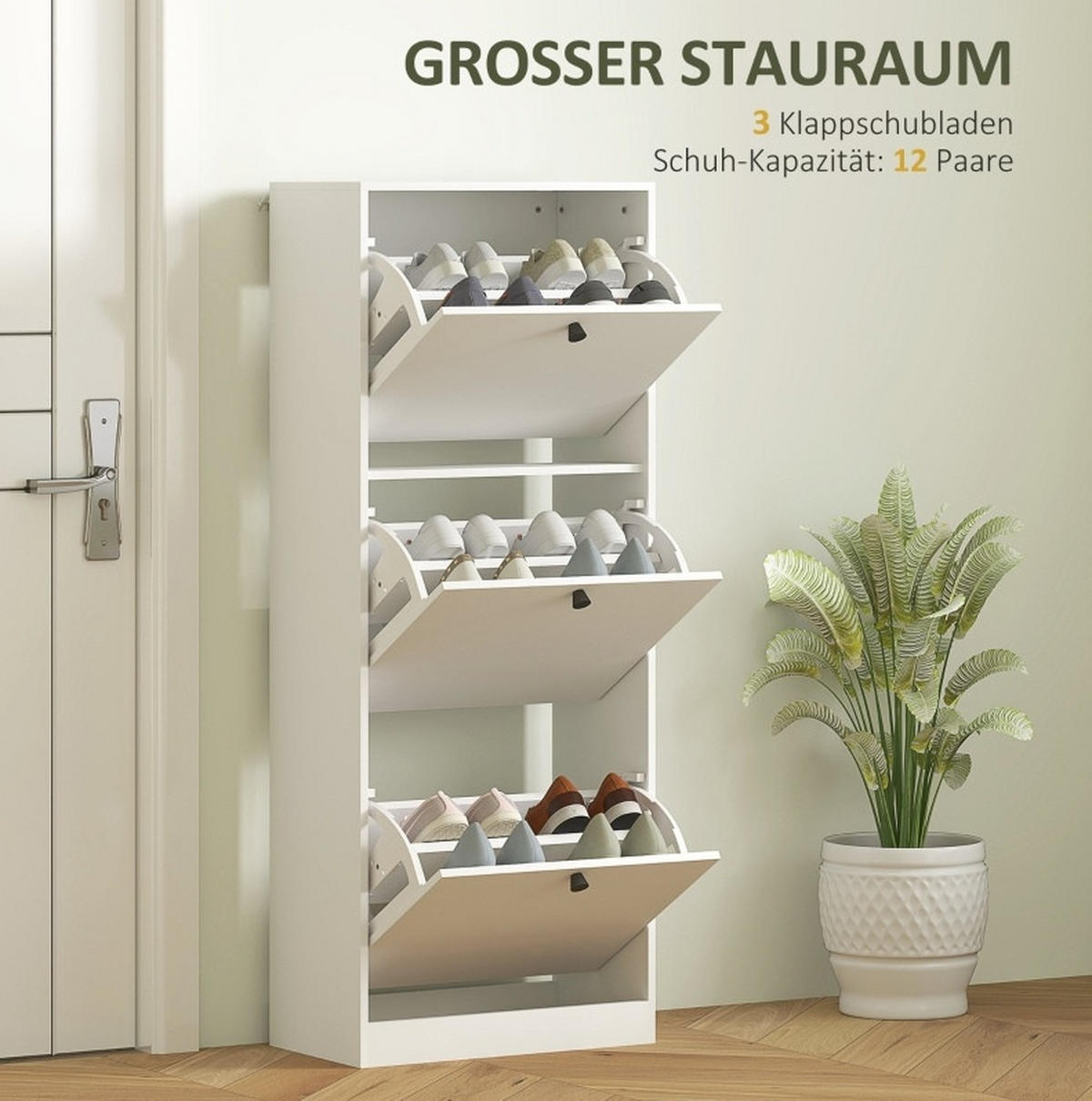 SCHUHSCHRANK mit 3 Klappen 47 x 26 x 120 cm Holzwerkstoff White - Weiß, Holzwerkstoff (26/120/47cm) - Beauniv