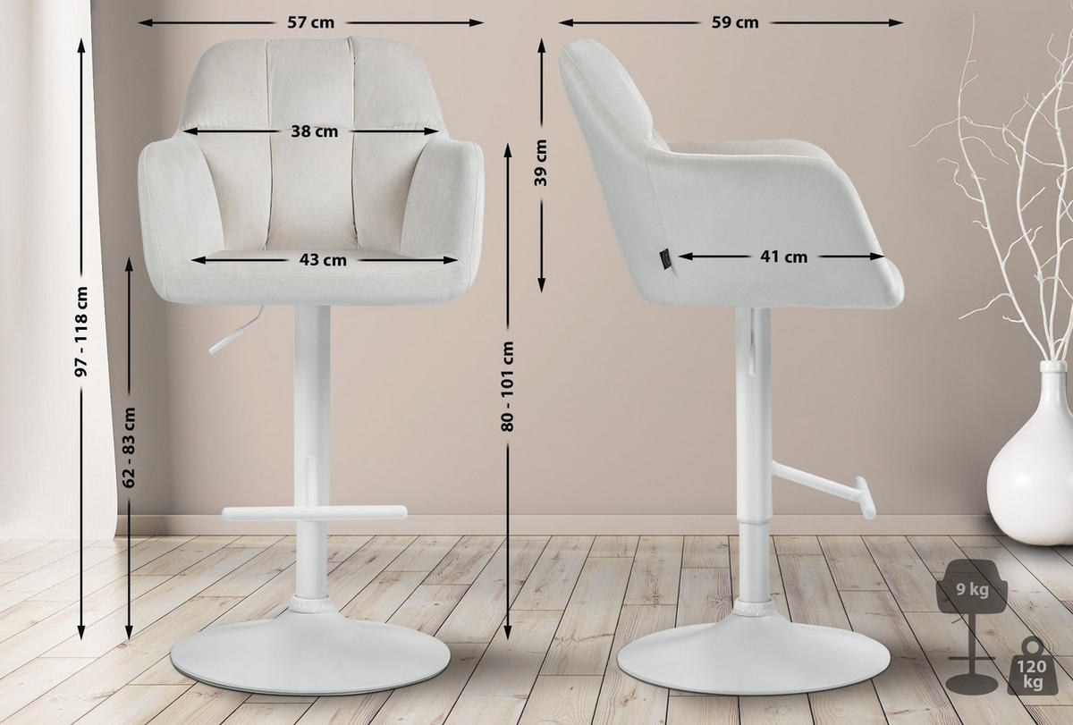 BARHOCKER Natoma Samt 97-118x57x59 cm Creme - Creme, Textil (57/97/59cm) - furnicato