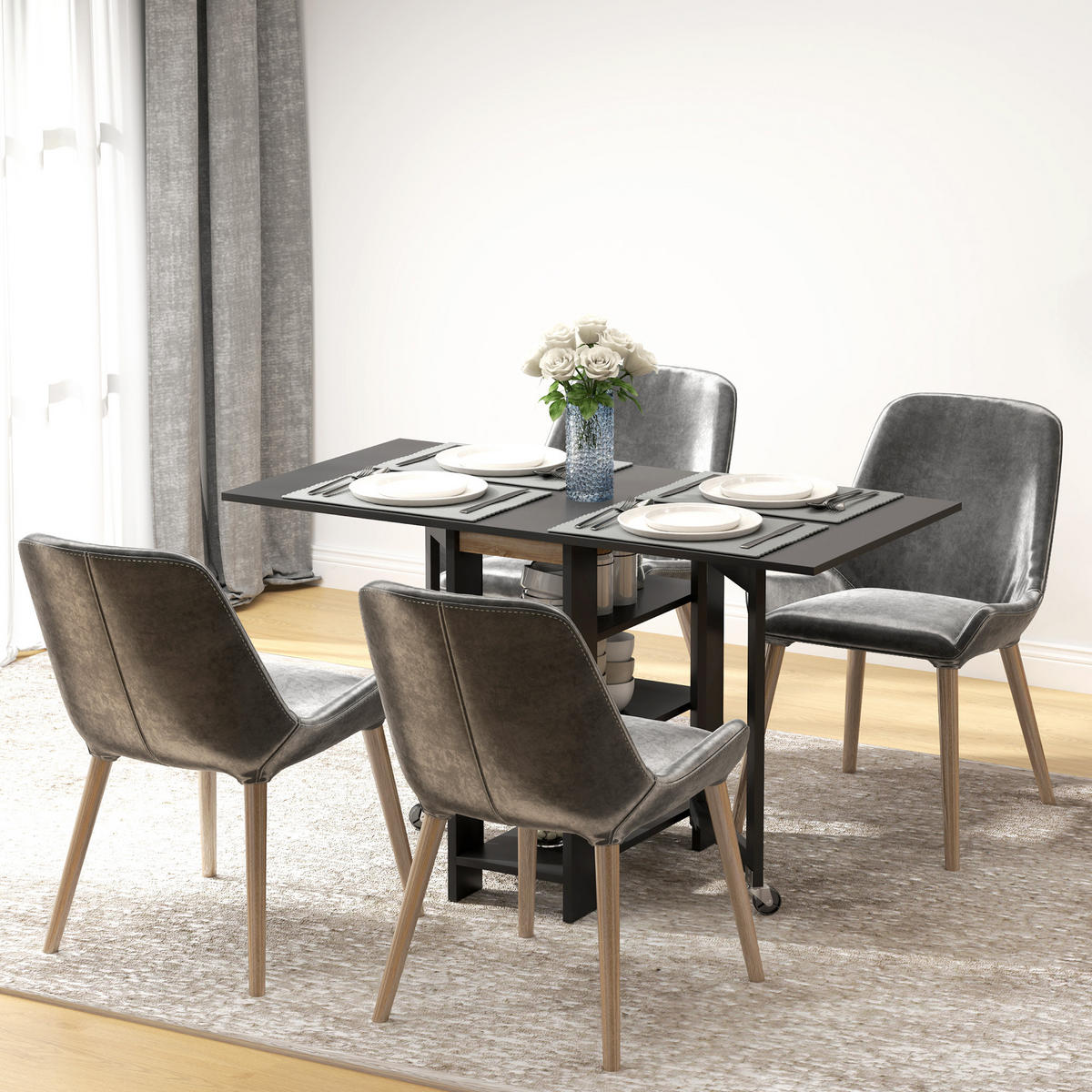 KLAPPTISCH DE-16516 2 Abattants, 3 Etagen, Rollen Schwarz - Schwarz, Holzwerkstoff (120/60/75cm) - ComfortXL