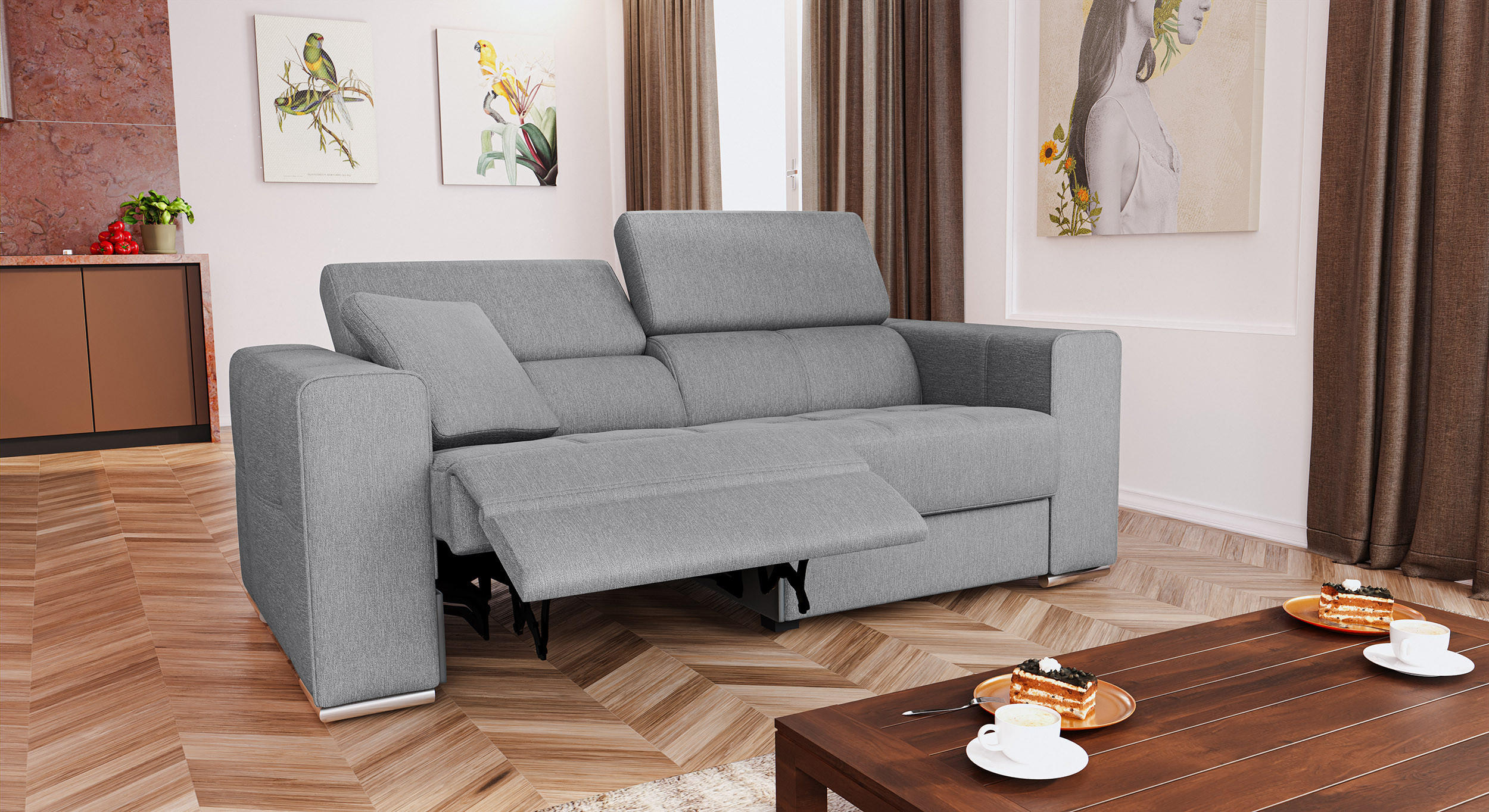 SOFA QUARTZ 3-Sitzer mit 1 Relaxfunktion, grau - Silberfarben/Grau, Holzwerkstoff/Textil (204/80/102cm) - Courtois Laville