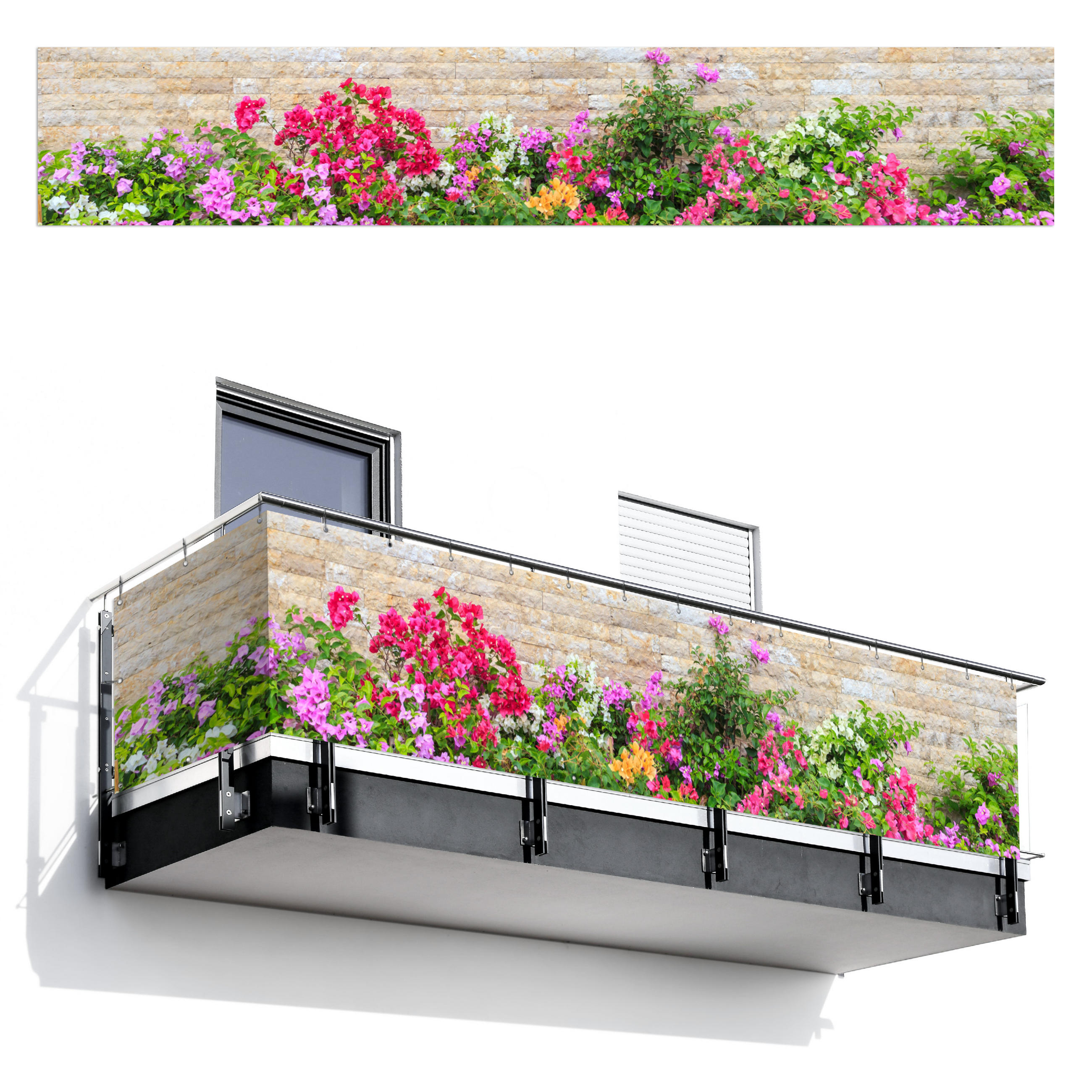 BALKON-SICHTSCHUTZ Blumen - Pflanzen - Blätter - Steine - Pink, Kunststoff (500/90cm) - MuchoWow