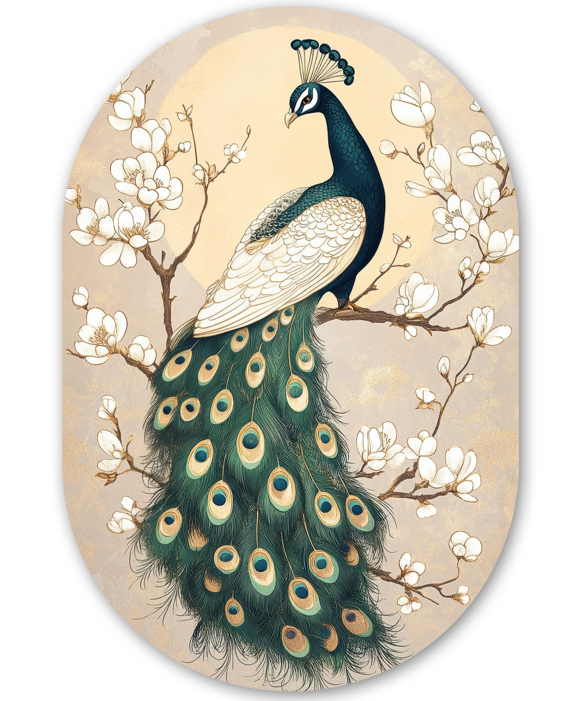 WANDBILD Pfau - Zweig - Blumen 60x90 cm - Champagner, Kunststoff (60/90cm) - MuchoWow