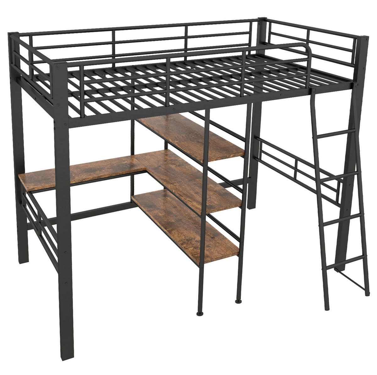 HOCHBETT 90/200 cm mit Schreibtisch, Regalen, Leiter und Rundum-Schutzgitter aus Metall, Schwarz - Schwarz, Metall (90/200cm) - Redom