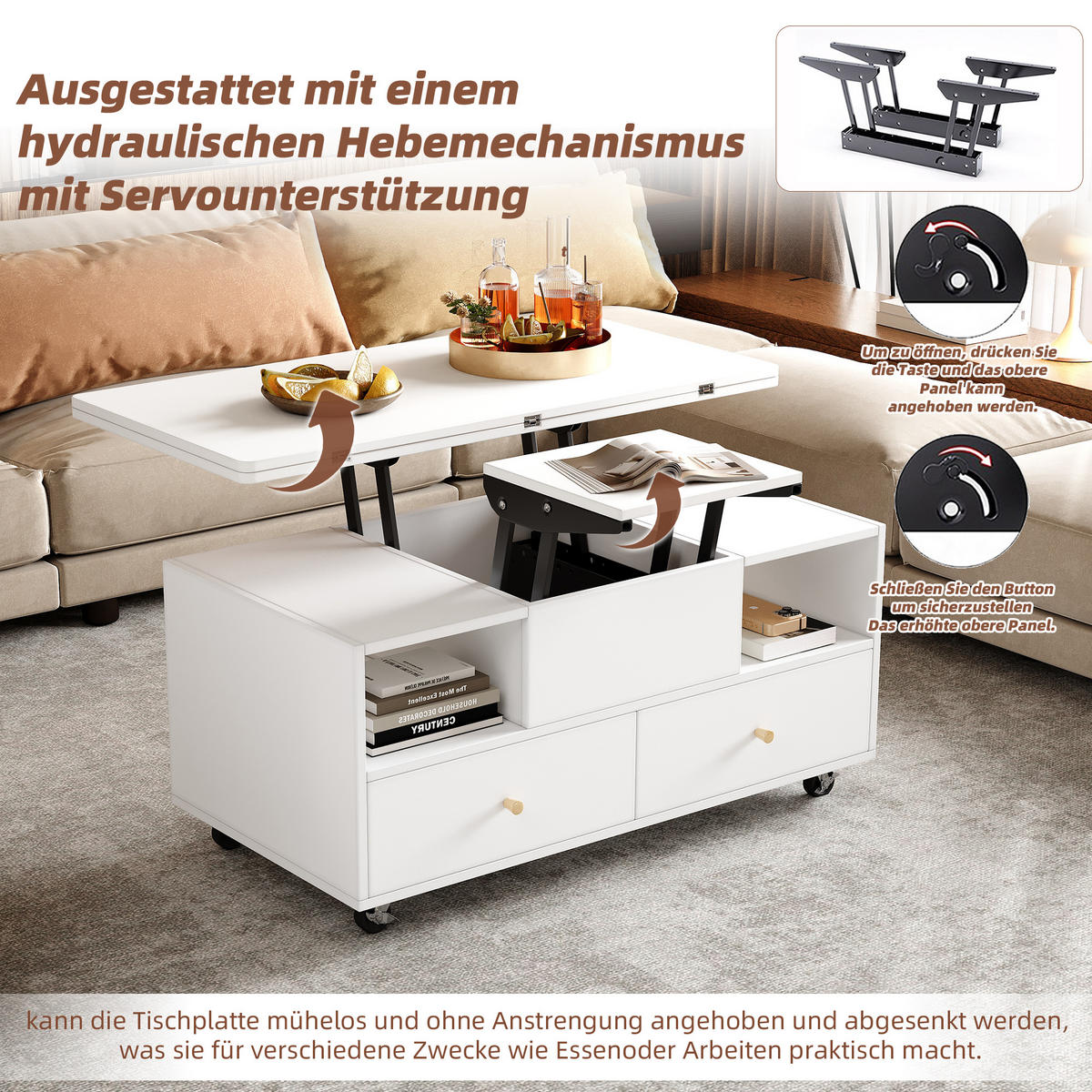 COUCHTISCH höhenverstellbar 100cm Klappfunktion 4 Schubladen Weiß - Weiß, Holzwerkstoff (100/50/47.5cm) - FLIEKS