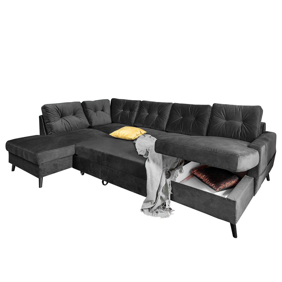 WOHNLANDSCHAFT mit Longchair - Schwarz/Grau, Buchenholz/Textil (297/90/200cm) - home24