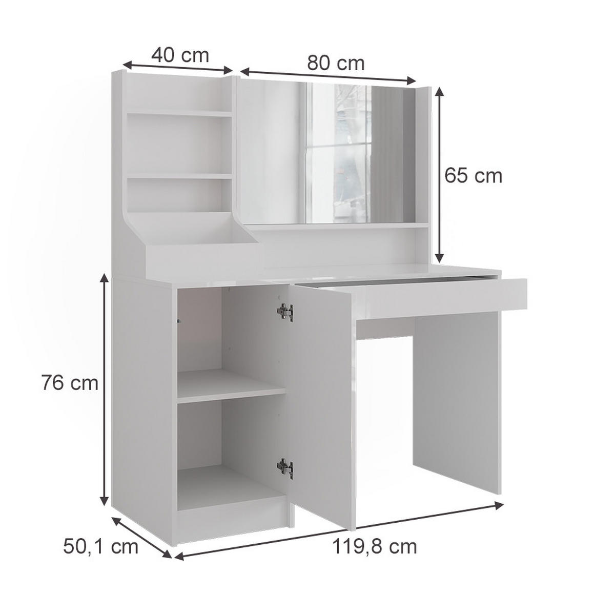 SCHMINKTISCH Sherry Weiß/Weiß Hochglanz 119.8 cm 3 Teile - Weiß Hochglanz, Holzwerkstoff (119.8/76/50.1cm) - Vicco