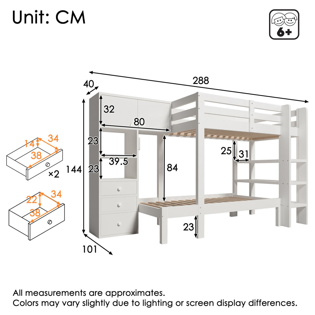 ETAGENBETT 90/200 cm Weiß mit Nachtlicht versetztem Design und Stauraum - Weiß, Metall (90/200cm) - OKWISH