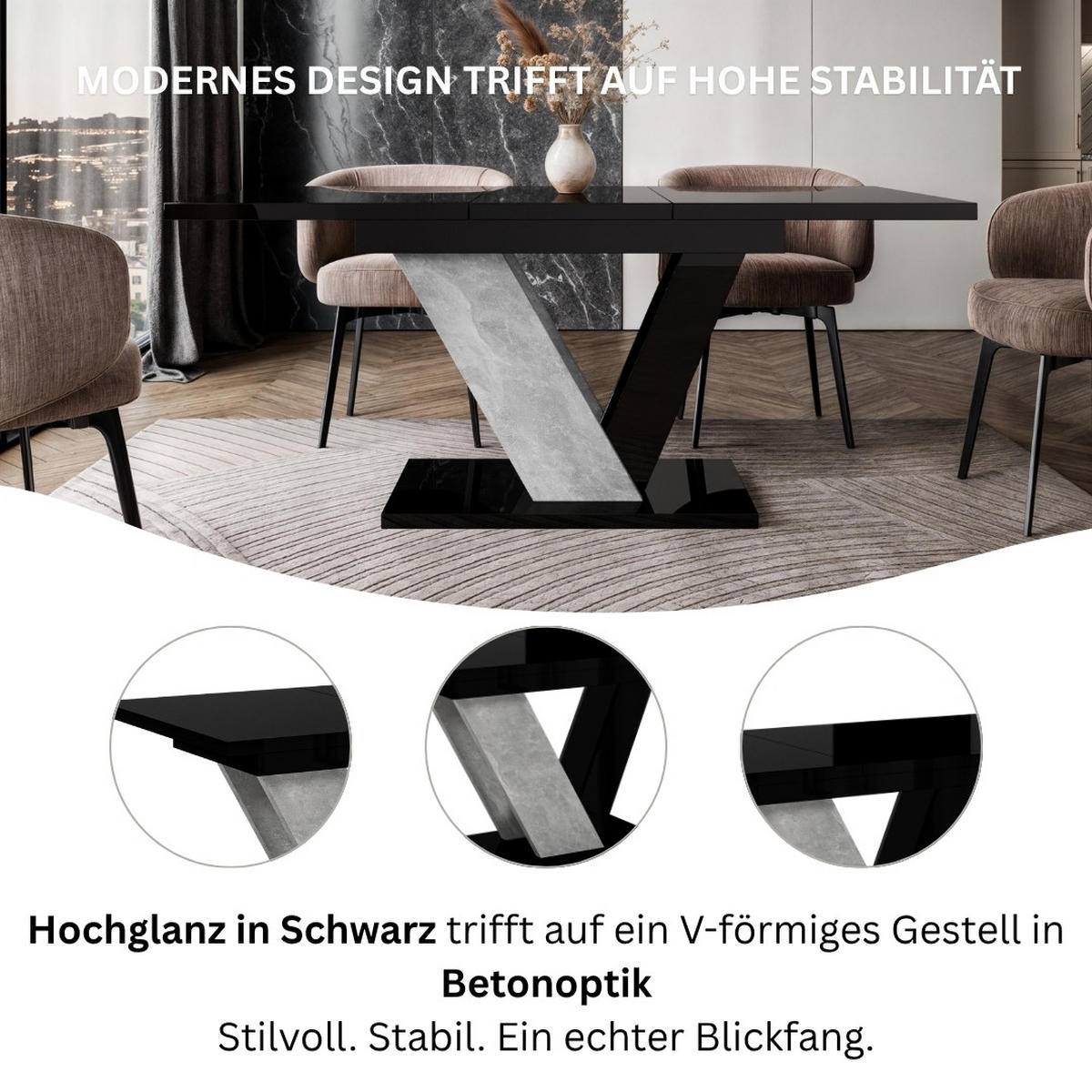 ESSTISCH Schwarz Hochglanz Ausziehbar 120 - 160 cm - Schwarz Hochglanz/Grau, Holzwerkstoff (120/80/76cm) - PROSPERO