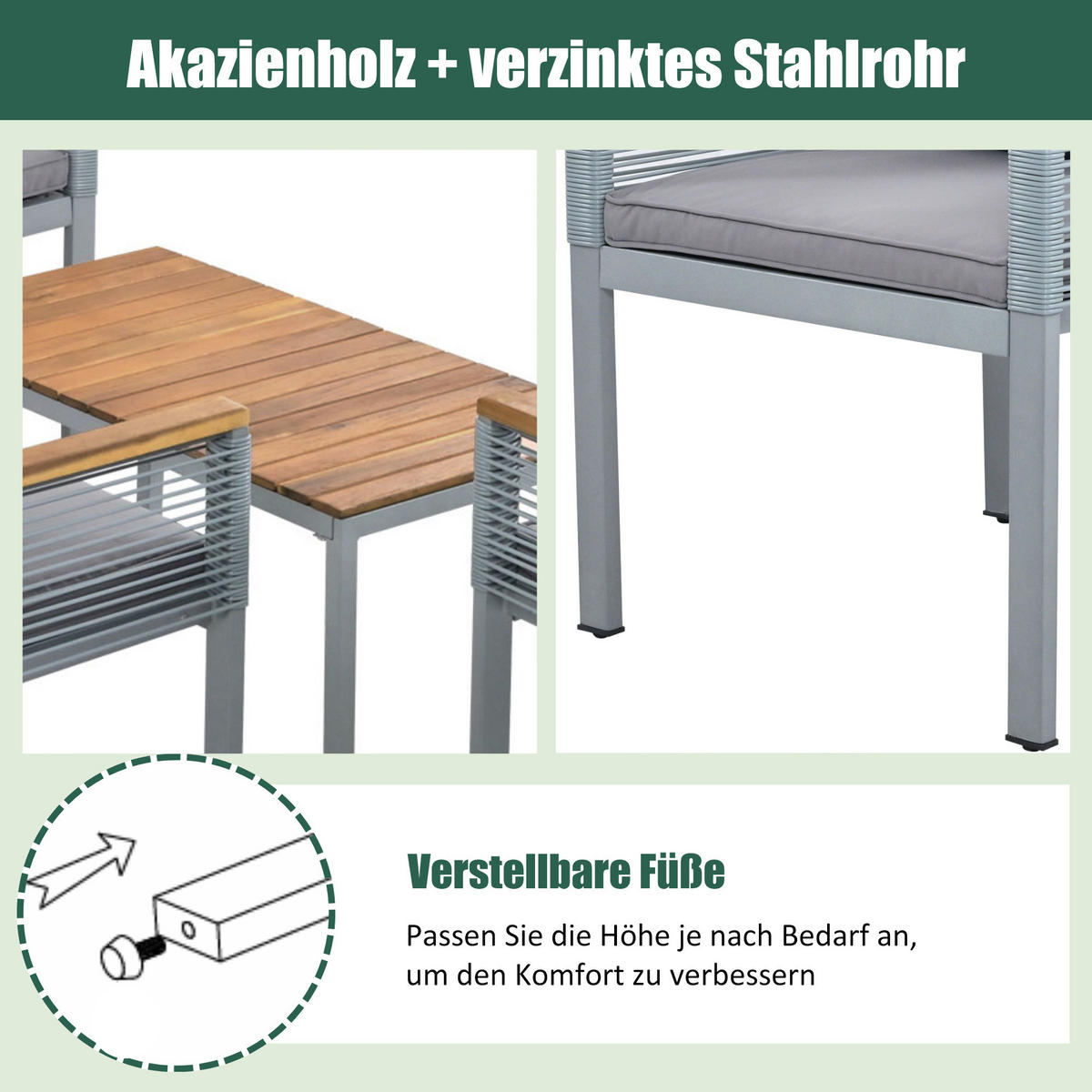 LOUNGESET Grau Rattan Doppelsofa 2 Sessel Tisch - Grau, Metall - FLIEKS