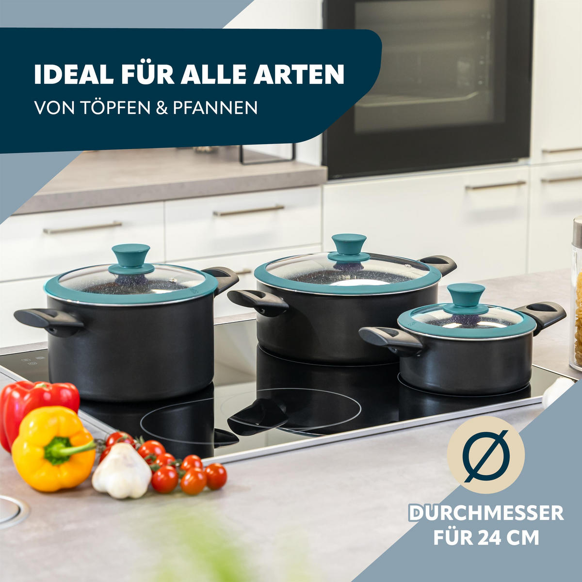 GLASDECKEL mit Silikonrand 24 cm blau - Blau, Glas (24/24/5cm) - bremermann