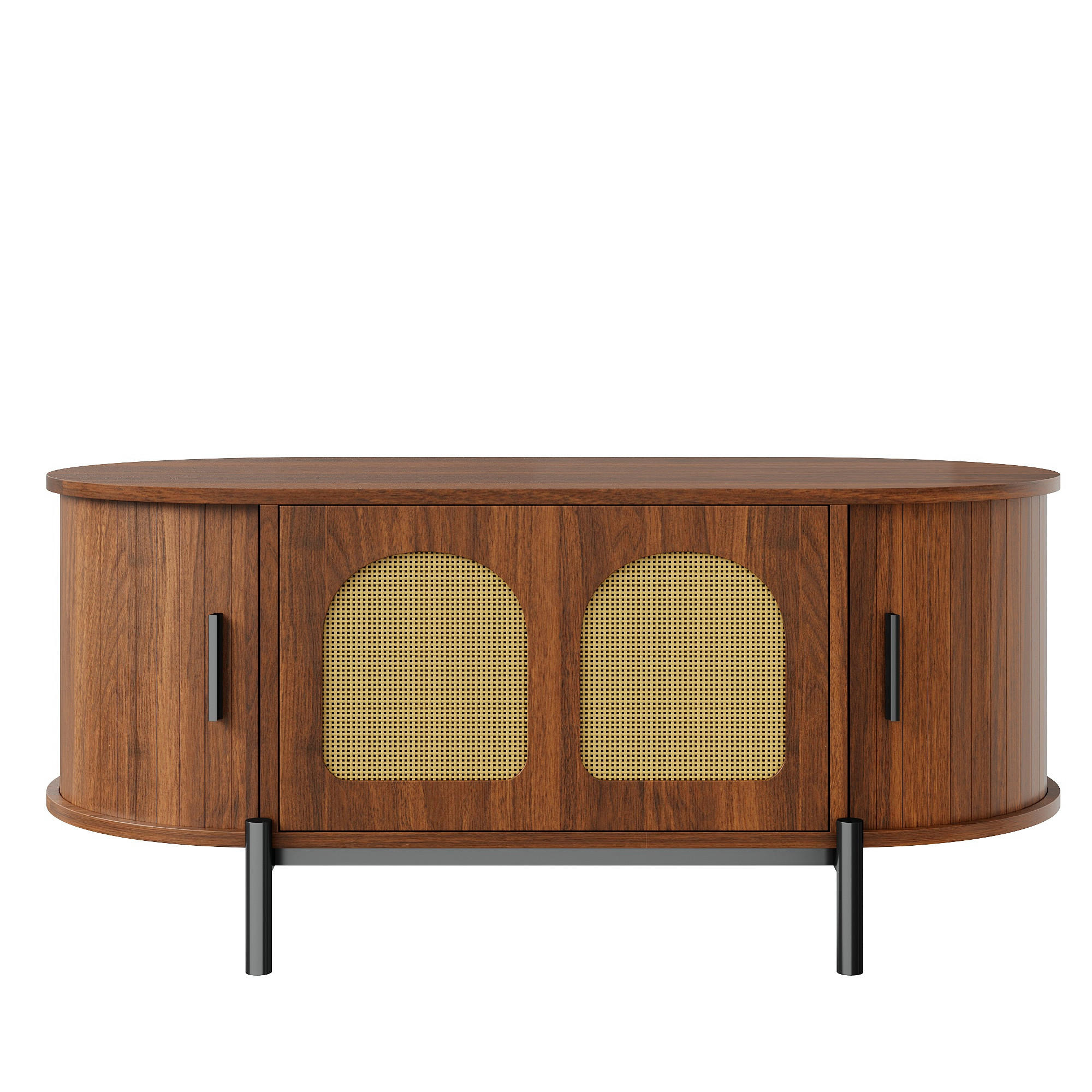COUCHTISCH Nussbaum 100/50/40 cm oval mit Rattandetails - Walnussfarben, Holzwerkstoff (50/100/40cm) - PANGIVO