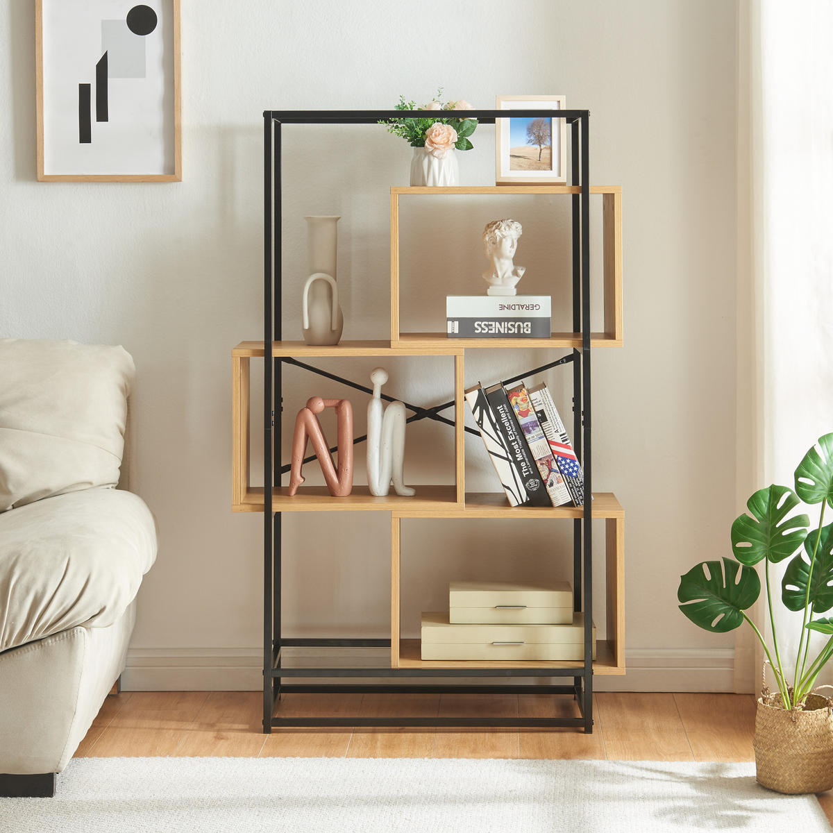 BÜCHERREGAL Rennebu - Eichefarben/Schwarz, Holzwerkstoff/Metall (80/126/33cm) - [en.casa]