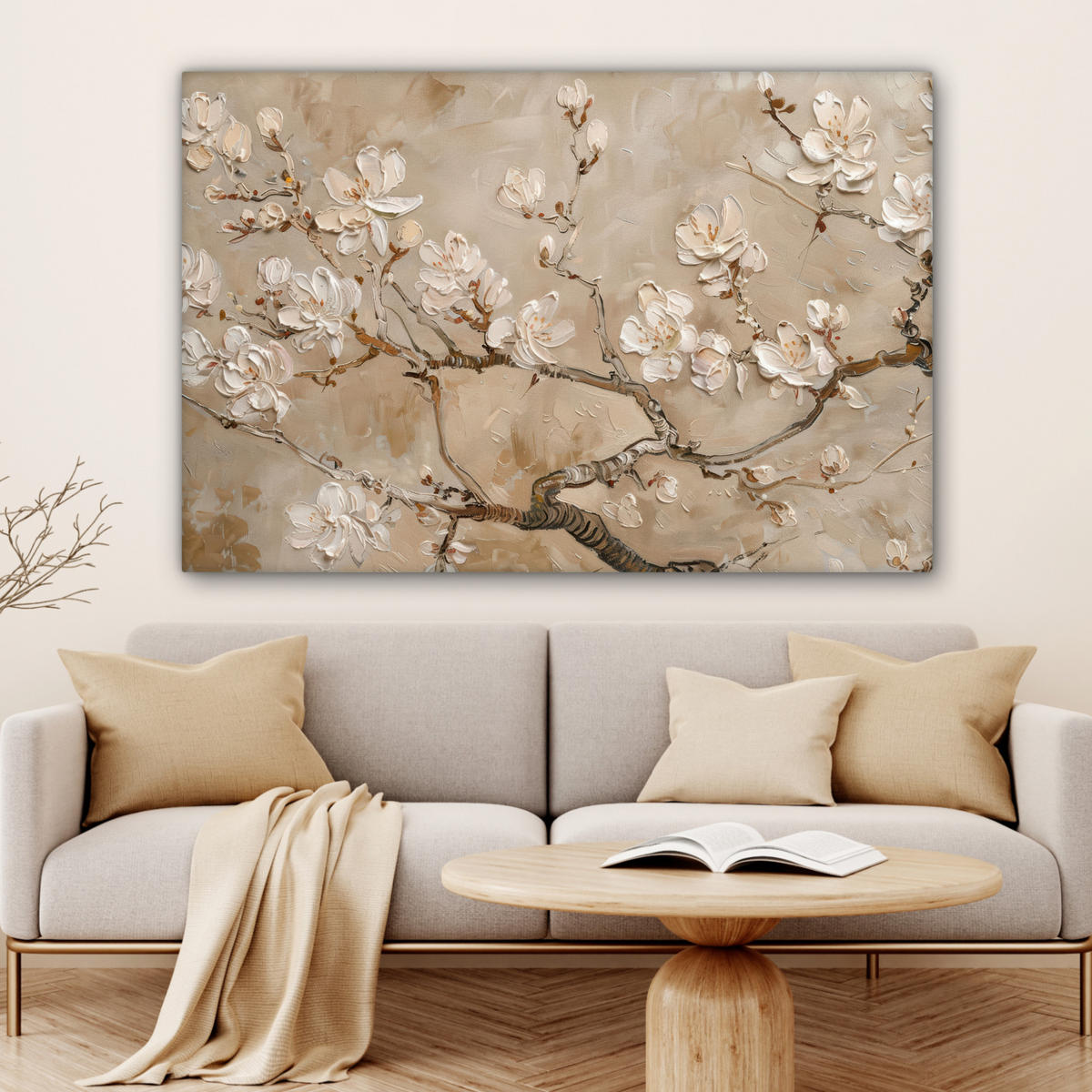 LEINWANDBILD - Blumen - Modern - Beige - Weiß - Blüte - 120x80 - Kunstdruck - Beige, Textil (120/80cm) - MuchoWow