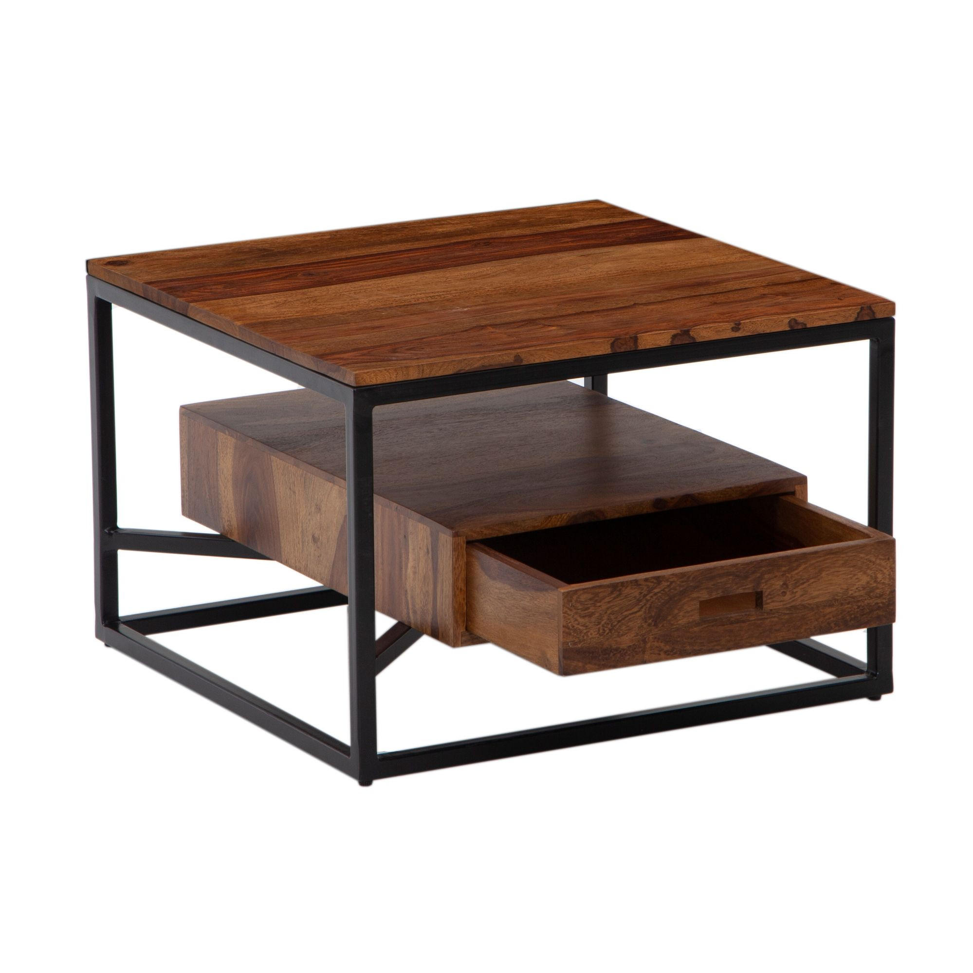 COUCHTISCH Quadratisch in Massivholz und Metall, mit Schublade, 60x60x40cm, Moderner Stil - Schwarz/Braun, Holz/Metall (60/60/40cm) - KADIMA DESIGN