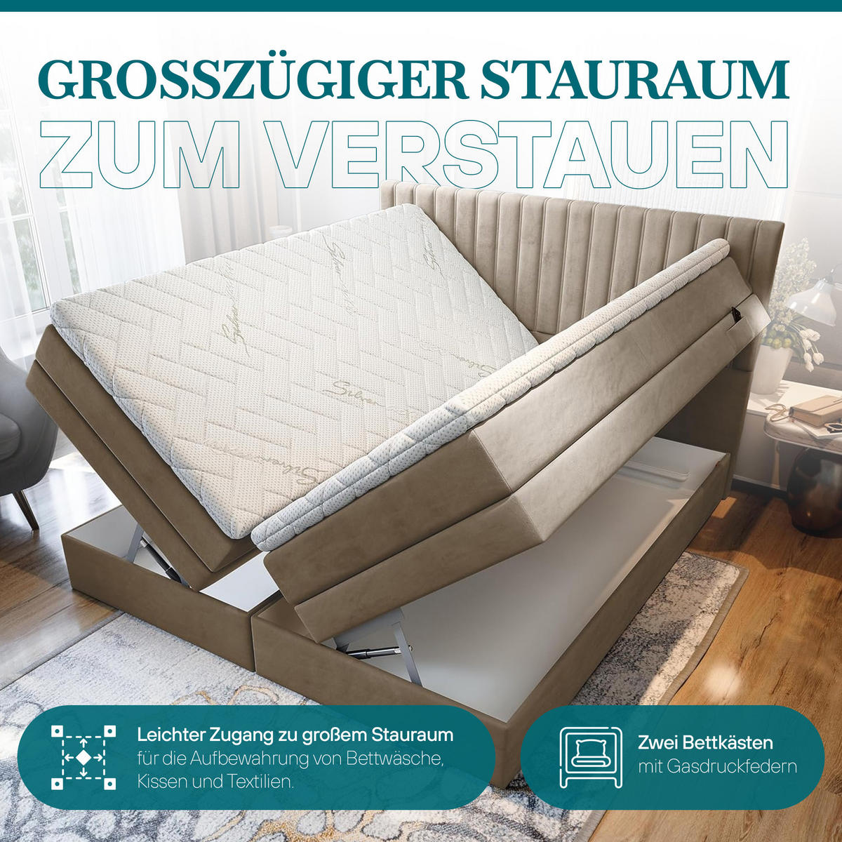 BOXSPRINGBETT ADÈLE 140x200 cm - elektrische Bett mit Matratze + Tooper und Bettkasten - Schwarz - 140x200 cm - Schwarz, Textil (140/200cm) - Trada