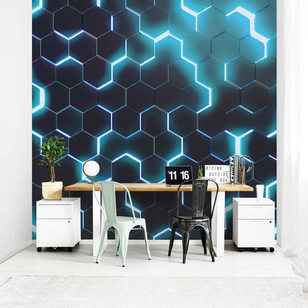 FOTOTAPETE Strukturierte Hexagone mit Neonlicht in Türkis 240/240 cm - Schwarz, Papier (240/240cm) - Bilderwelten