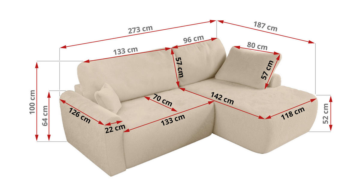 ECKSCHLAFSOFA CUBO L Creme Plüsch - rechts - Creme/Schwarz, Kunststoff/Textil (187/273cm) - MKS