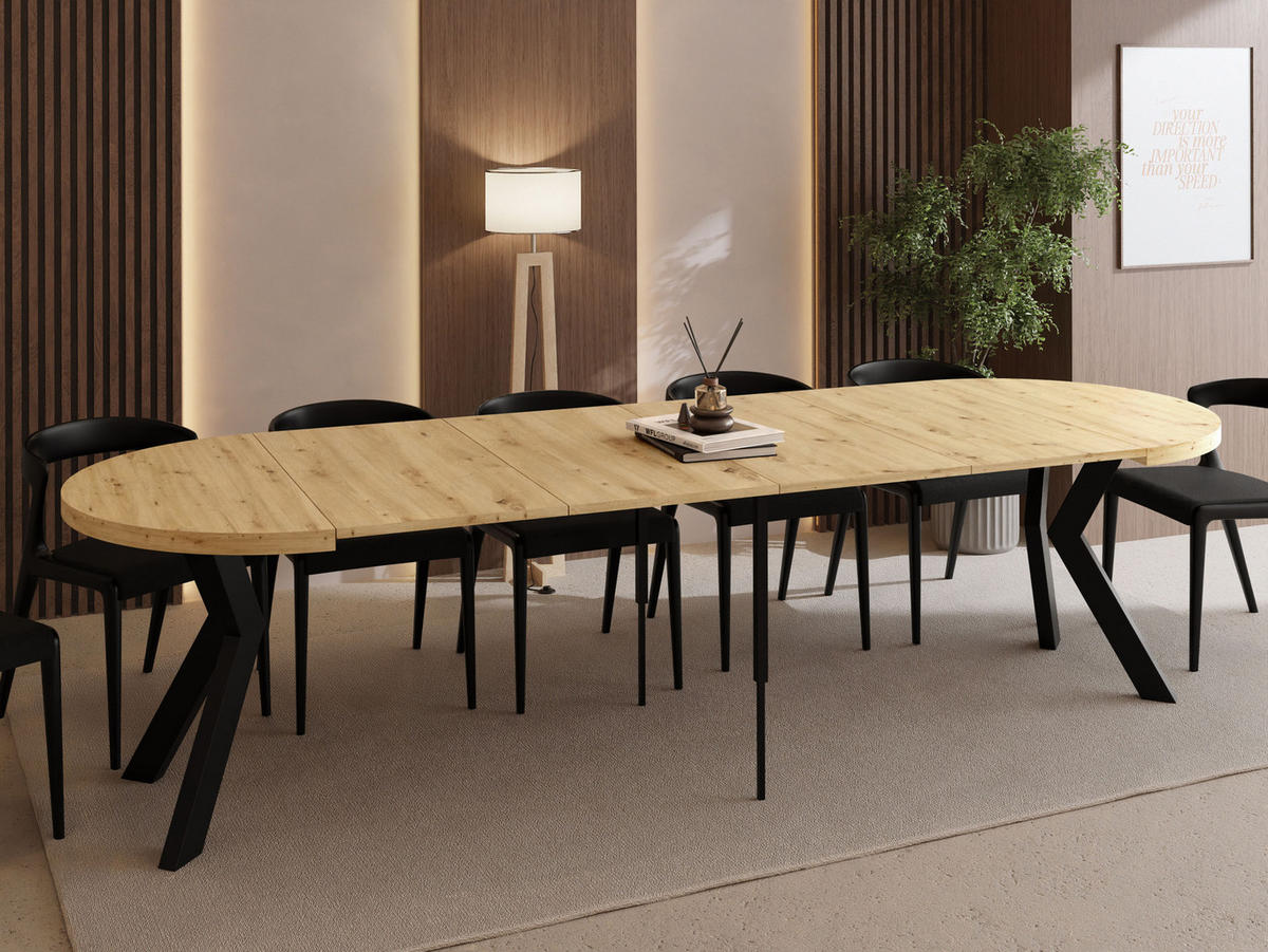 ESSTISCH Savio rund ausziehbar verlängerbar XXL, Eiche Artisan Hellbraun 100-300/100/77 cm - Schwarz/Eiche Artisan, Holz/Holzwerkstoff (100/100/77cm) - WFL GROUP