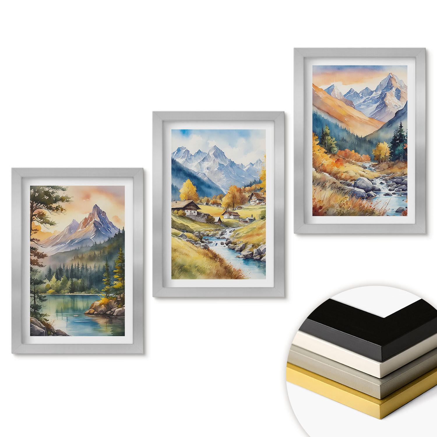 WANDBILDER 3er Set - 20x30 cm Silberner Rahmen - Berglandschaft mit einem Fluss - Silberfarben, Kunststoff (20/30cm) - ArtPrintCave