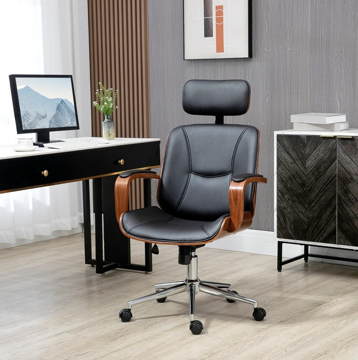BÜROSTUHL ergonomisch höhenverstellbar 66 x 65 x 115-125 cm Kunstleder Schwarz - Schwarz, Kunststoff (65/125/66cm) - Meubliv