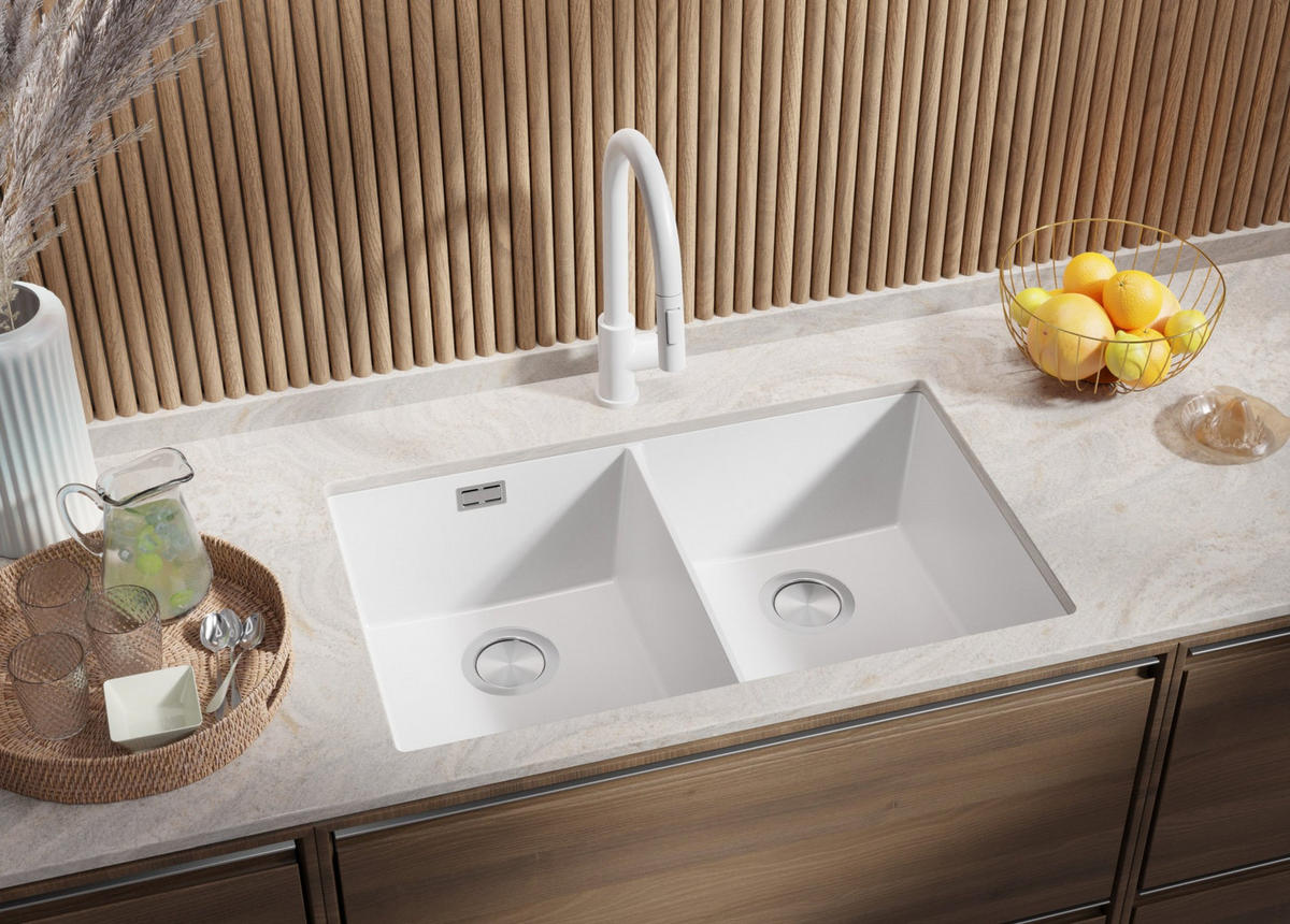 UNTERBAUSPÜLE GRANIT London Twin, 2-er set Weiß 76/47 cm 2 Becken + Küchenarmatur 32/20 cm + Ablauf-Set ab 80er Unterschrank - Chromfarben/Weiß, Kunststoff (76/20/47cm) - Primagran