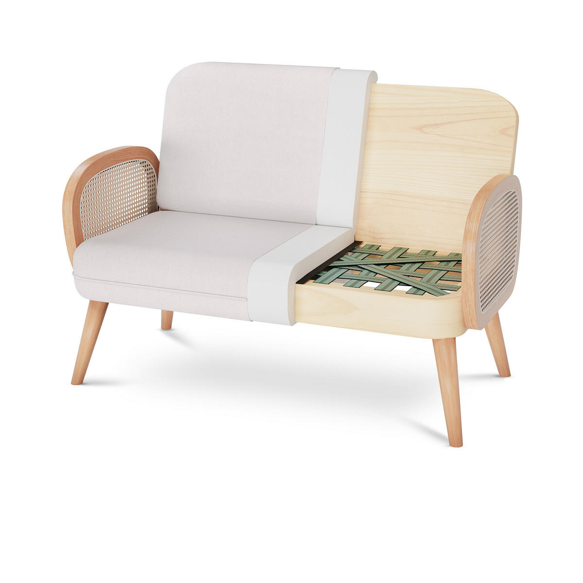 2-SITZER-SOFA Rosi Bohemian aus Korbgeflecht und beigem Leinen - Beige/Akaziefarben, Holz/Holzwerkstoff (125/83/79cm) - Sicaan