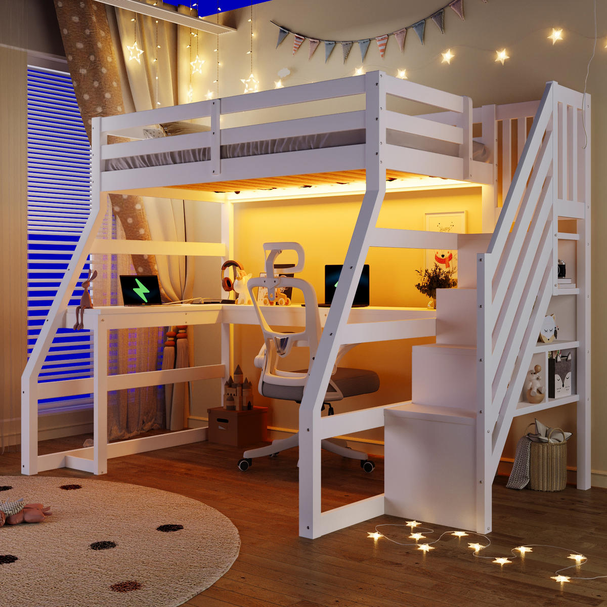 HOCHBETT 90/200 cm in Weiß Kinderbett mit Schreibtisch, Stauraumtreppe, LED und USB - Weiß, Holzwerkstoff (90/200cm) - STILVORA