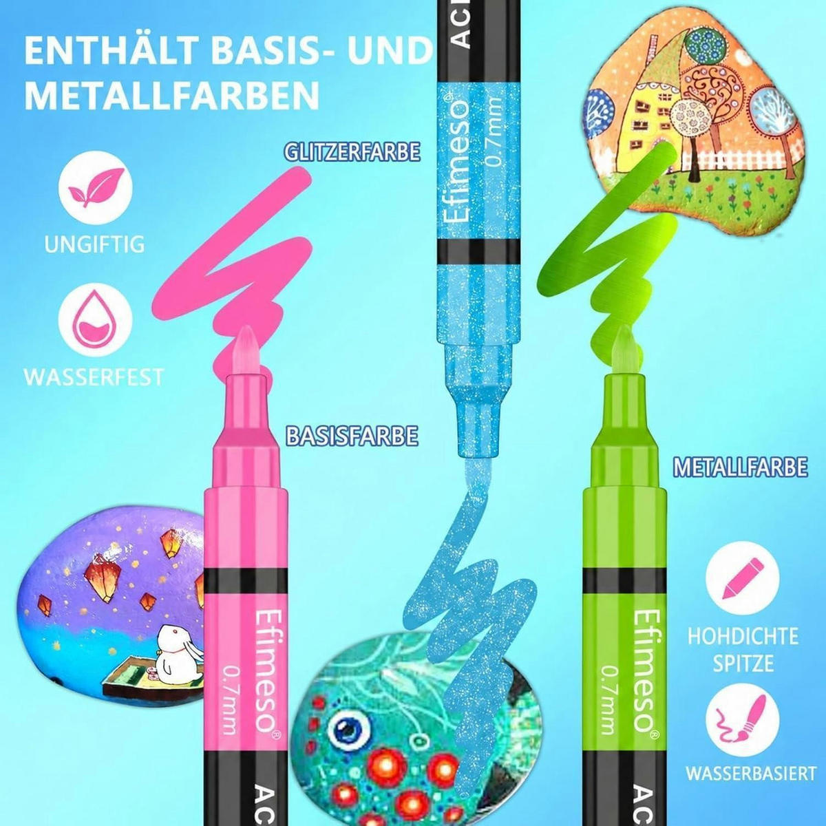 ACRYLSTIFTE 60er Set 0,7 mm Wasserfest für Stein, Holz, Glas - Multicolor, Kunststoff (1/1/14cm)