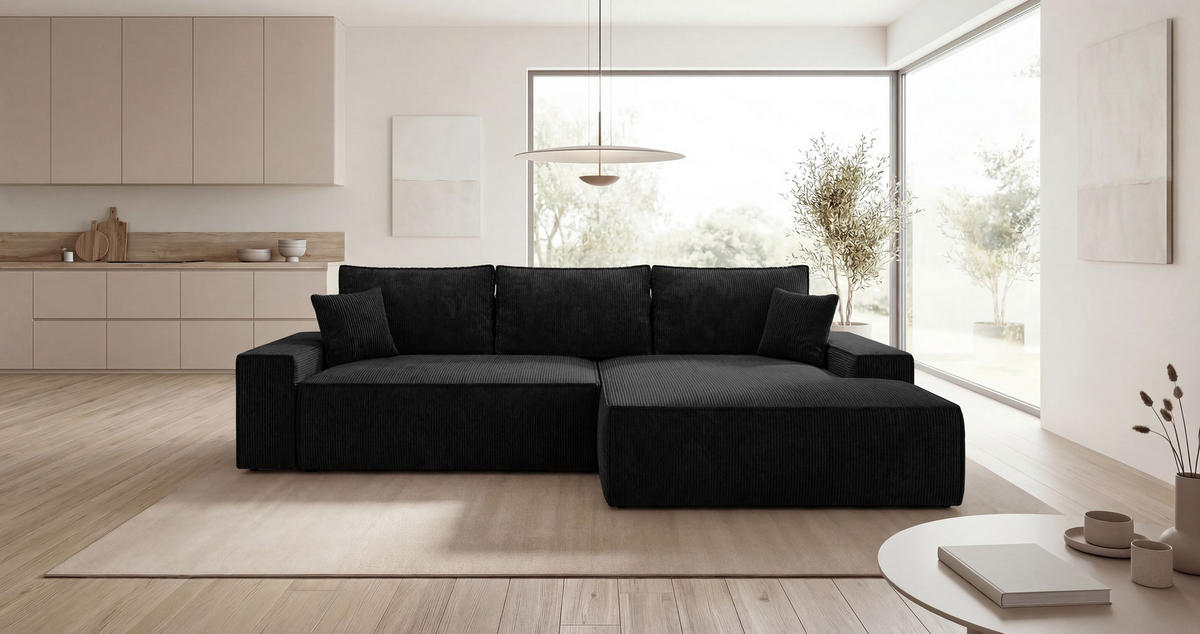 ECKSOFA VERONA rechts schwarz Cord Poso 135 - Schlaffunktion, Bettkasten - Schwarz, Textil (280/184cm) - Cornero