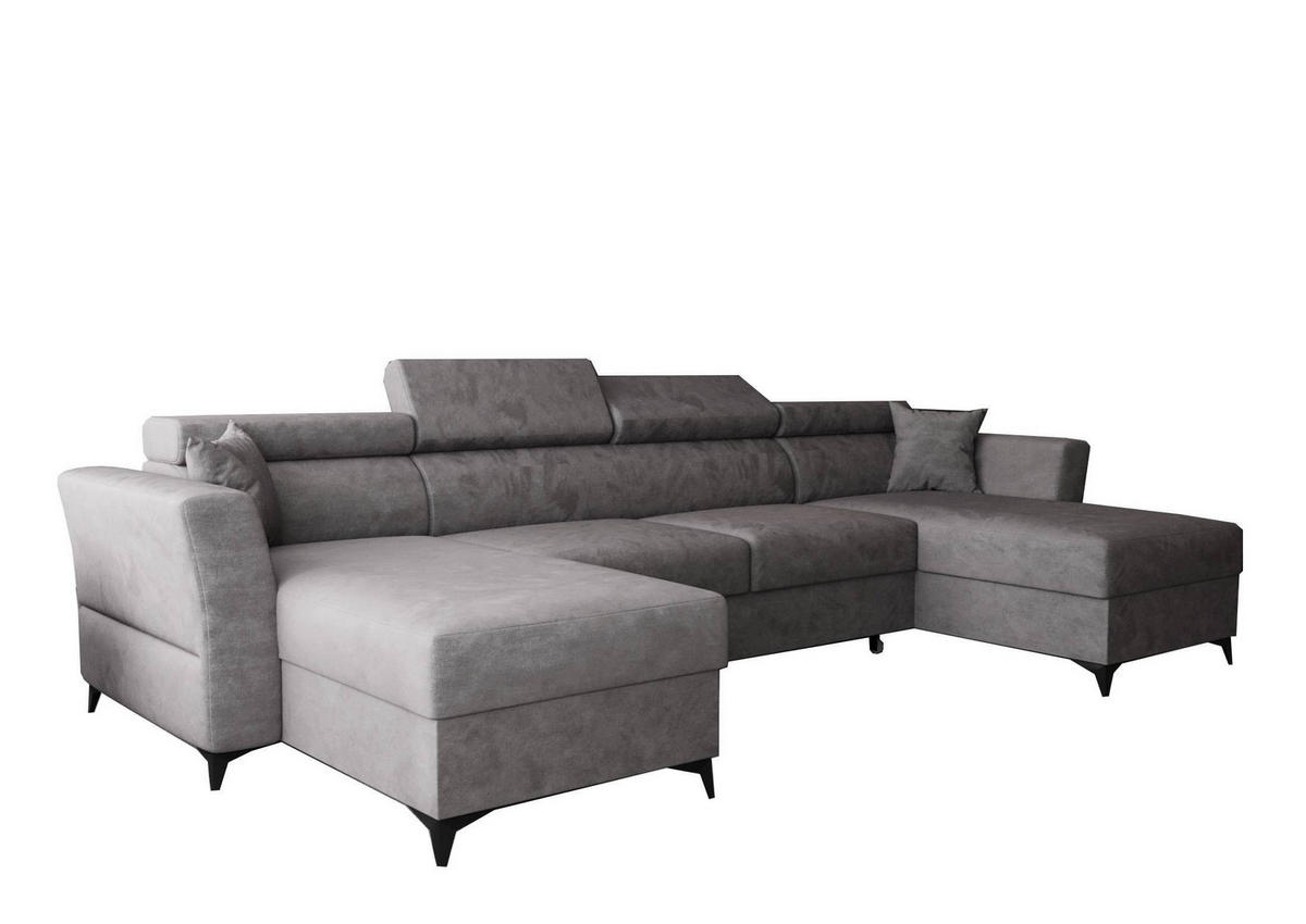 WOHNLANDSCHAFT Ribella Grau 345/180/100 cm mit Schlaffunktion - Hellgrau/Schwarz, Textil/Metall (345/100/180cm) - AX Living