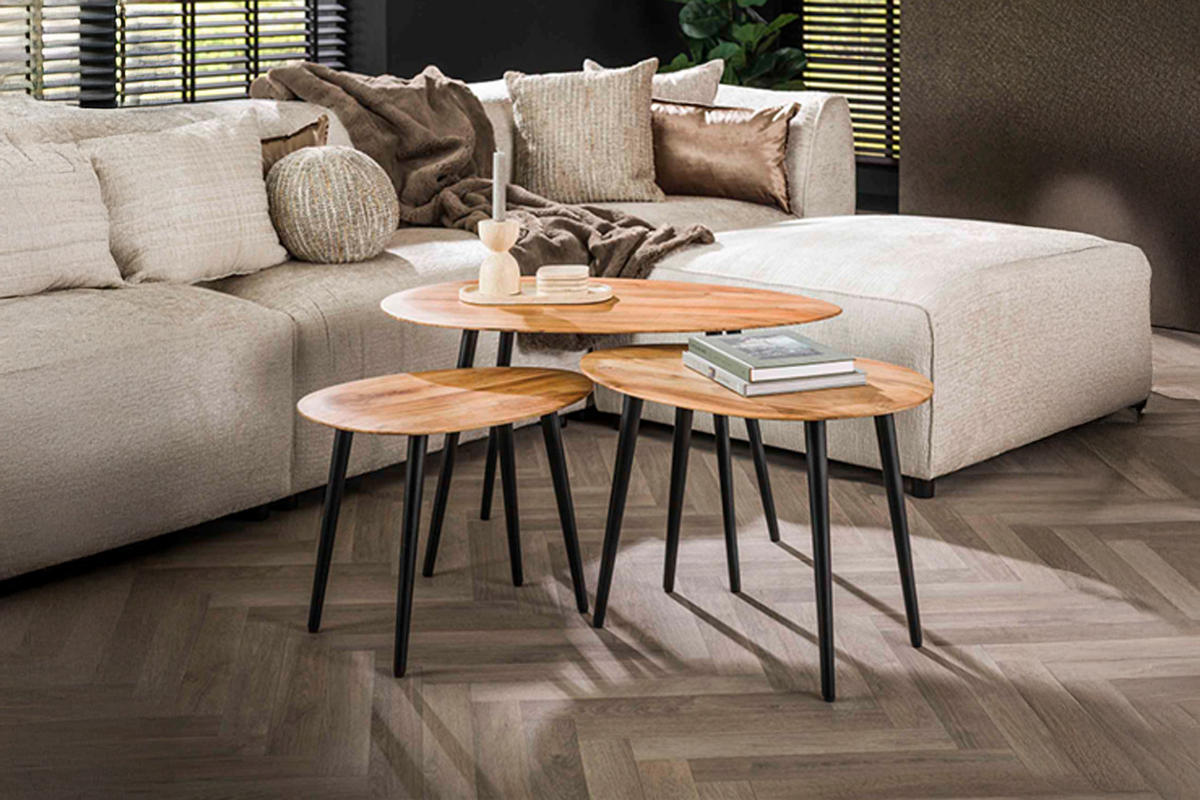 COUCHTISCH-SET PALINA Braun Akazie - Schwarz/Braun, Holz/Metall (90/55/50cm) - KAWOLA