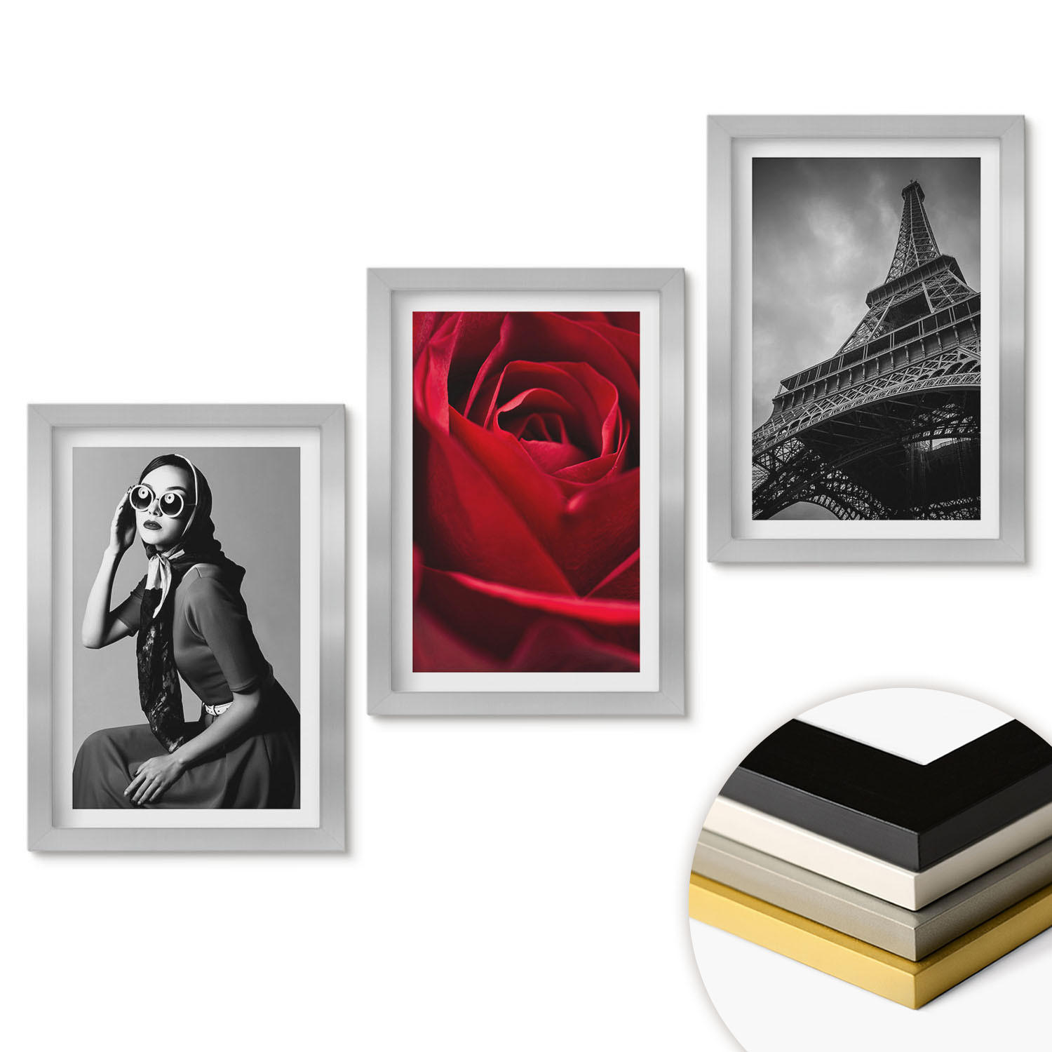 WANDBILDER 3er Set - 20x30 cm Silberner Rahmen - Pariserin mit Eiffelturmbrille - Silberfarben, Kunststoff (20/30cm) - ArtPrintCave