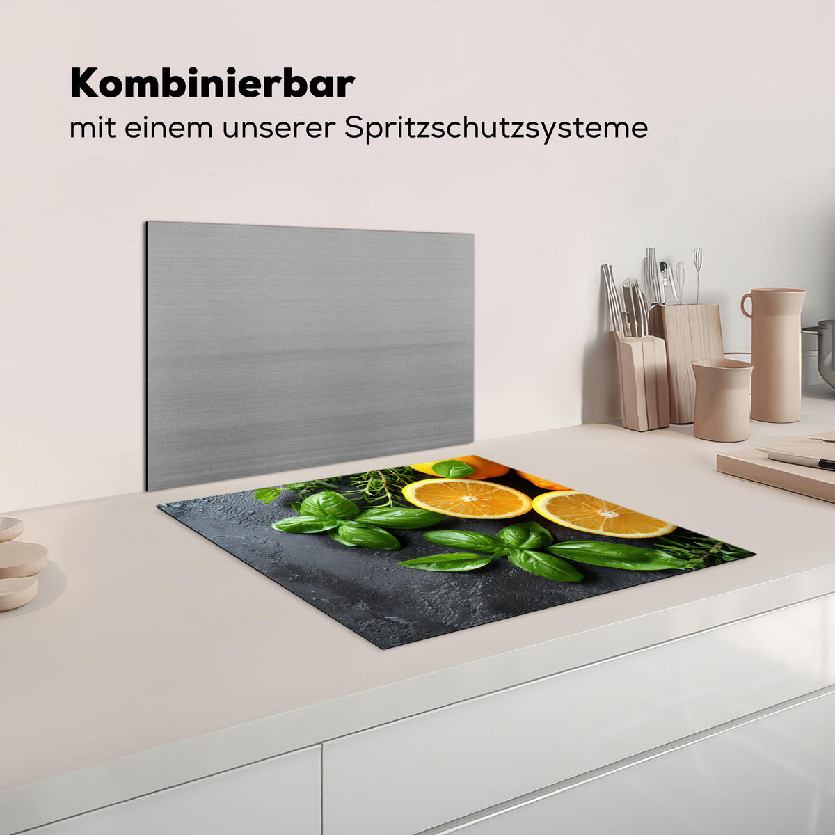 HERDABDECKPLATTE Obst - Grau - Konkret - Orange - Pflanzen Ceranfeldabdeckung 59x52 cm - Anthrazit, Kunststoff (59/52/0.2cm) - MuchoWow