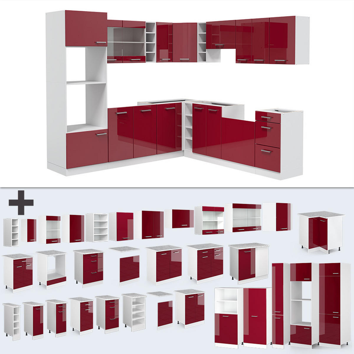 ECKKÜCHE R-Line Bordeaux Hochglanz/Weiß 237 x 247 cm, AP Anthrazit - Bordeaux/Weiß, Holzwerkstoff (247/81.6/60cm) - Vicco