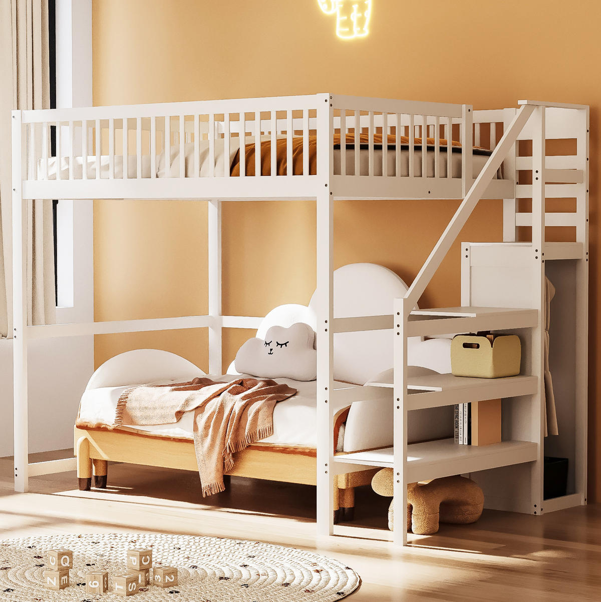 HOCHBETT 140/200 cm Weiß aus Holz mit Treppe und Kleiderschrank - Weiß, Holz (140/200cm) - OKMYHOME