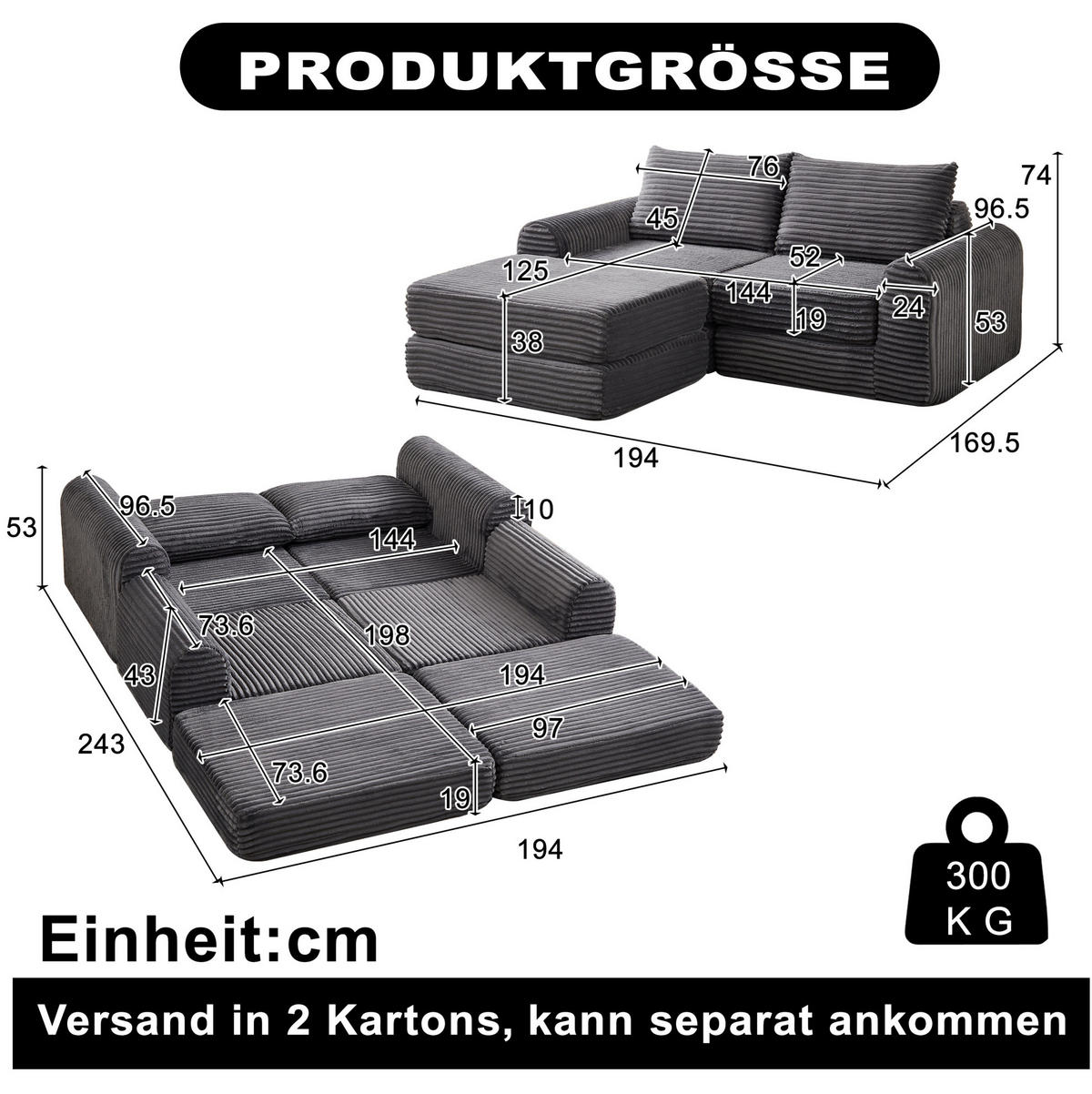 ROZKLÁDACÍ pohovka z manšestru šedá, rozkládací s volně kombinovatelnými moduly - šedá, textil (243/53/194cm) - BEAOK