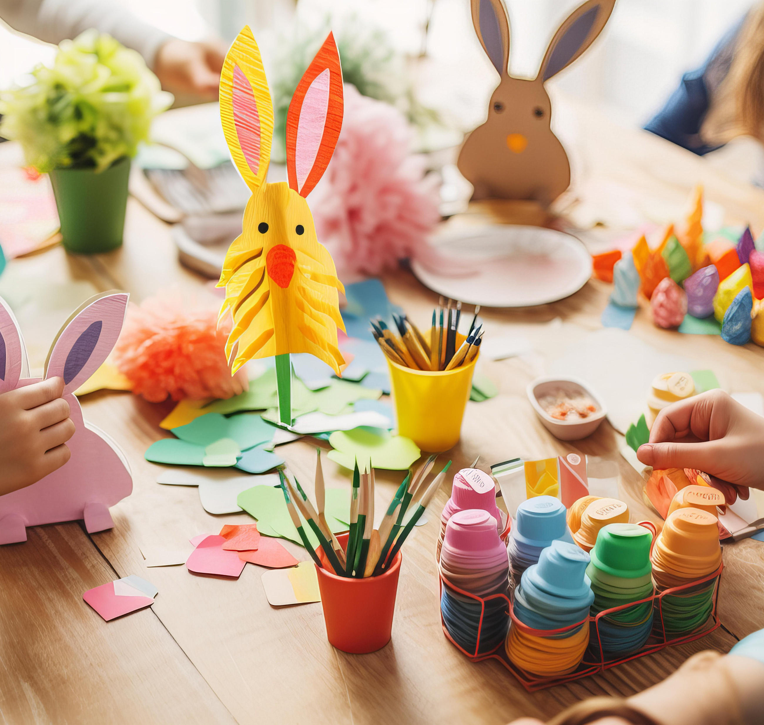 Kinder basteln am Tisch bunte Osterdekoration aus Papier – Hasenfiguren, Eierformen, Pinsel und Farben liegen zwischen Bastelmaterialien.