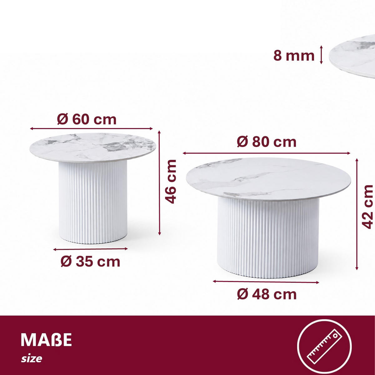COUCHTISCH-SET Keramik rund 2-tlg. Trommelgestell Weiß 80 & 60 cm - Weiß, Keramik/Metall (80/80/46cm) - HOOZ