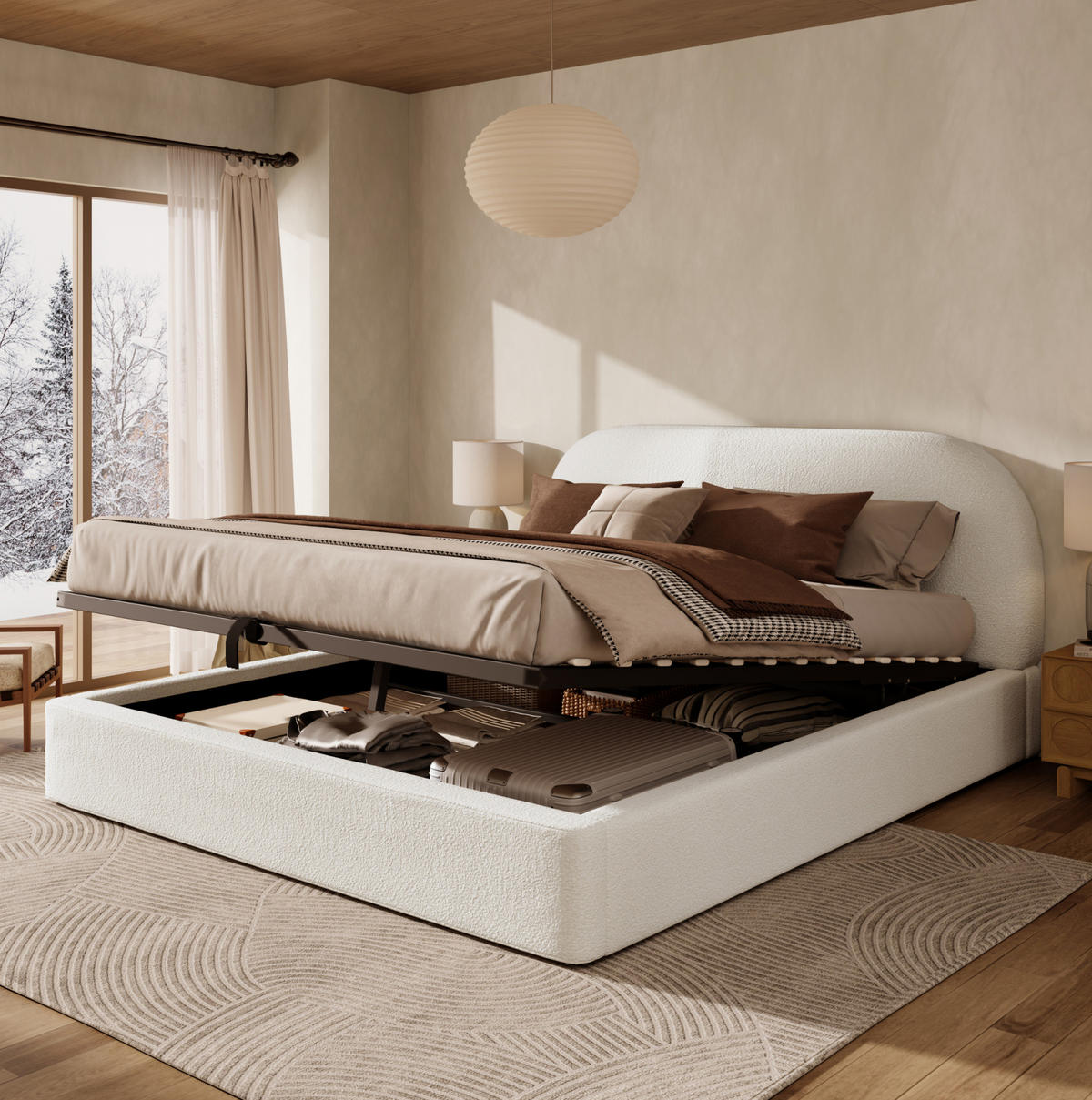 BETT mit Stauraum 160x200 cm Bouclé Beige - Beige, Metall (160/200cm) - Meubliv