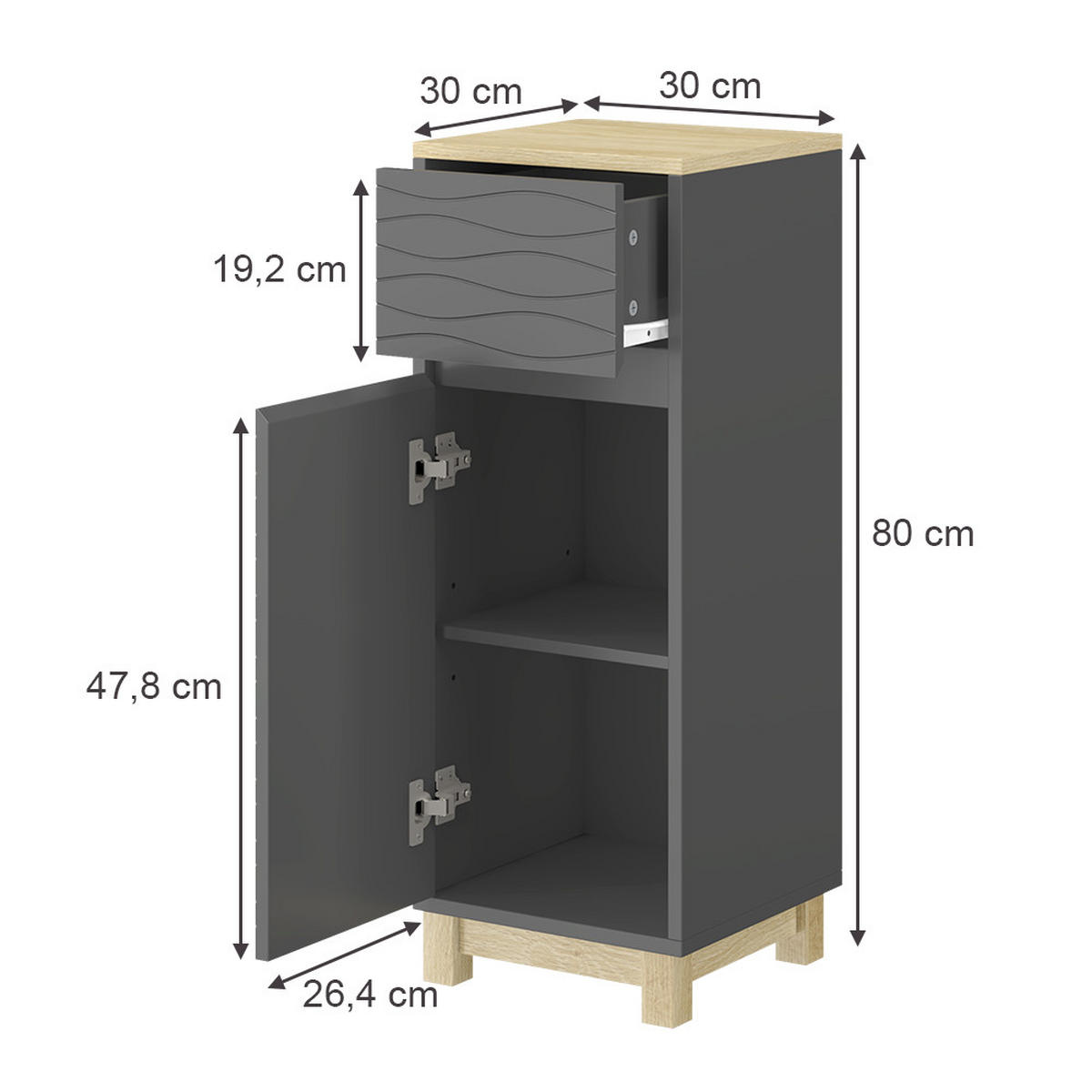 MIDISCHRANK Livia Anthrazit 30 x 80 cm mit Schublade - Anthrazit/Naturfarben, Holzwerkstoff (30/80/30cm) - Vicco