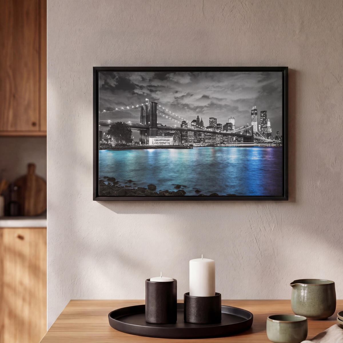LEINWAND Bilder mit Rahmen - New York - Skyline - Stadt - Blau - 30x20 - Blaugrau, Textil (30/20cm) - MuchoWow