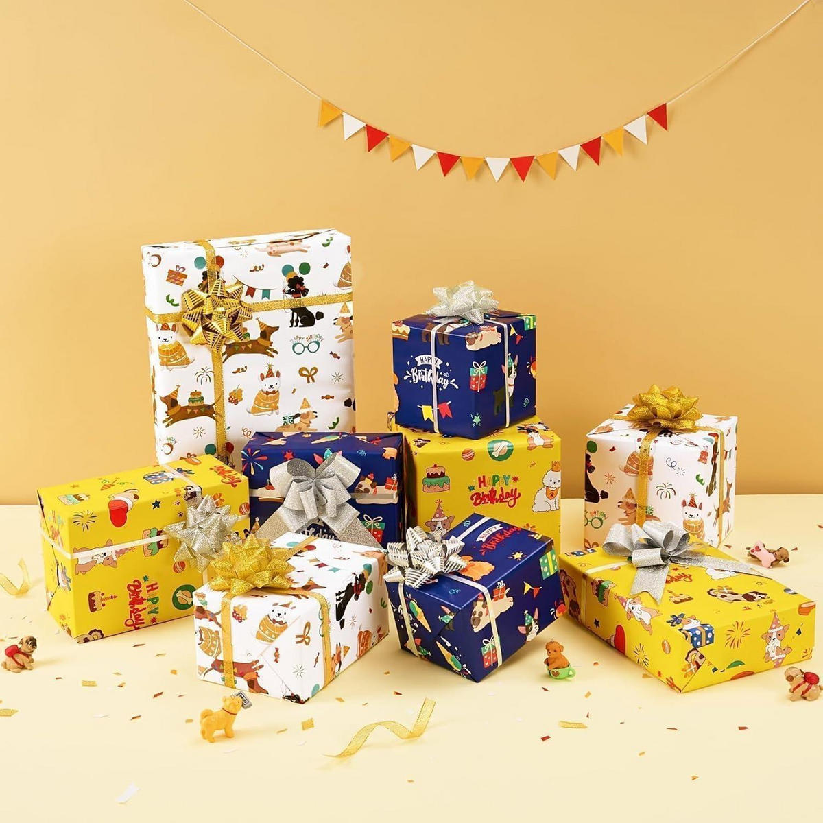 GESCHENKPAPIER 3 Rollen Set Hunde Motiv 43 cm x 3 m - Multicolor, Papier (43/43/305cm)