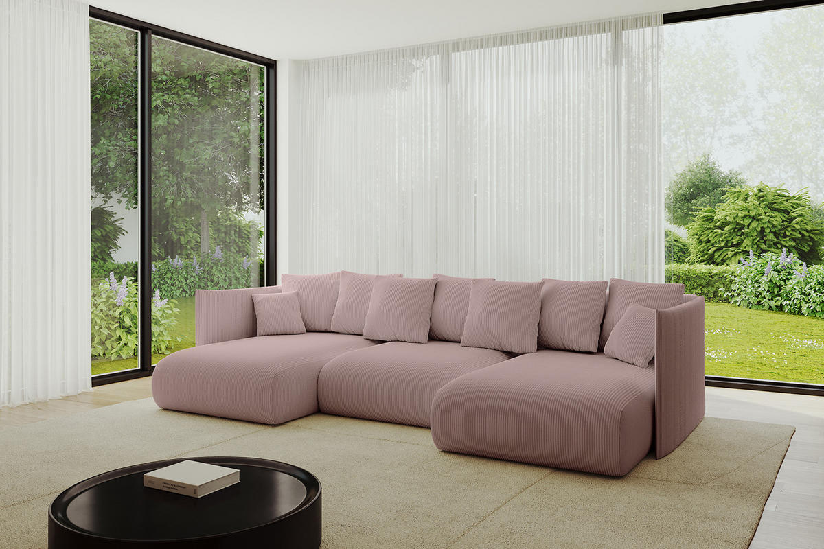 WOHNLANDSCHAFT mit Schlaffunktion und Bettkasten ONESK-U 304x165x40 Rosa Cord - Rosa, Holzwerkstoff/Kunststoff (304/90/165cm) - ALTDECOR