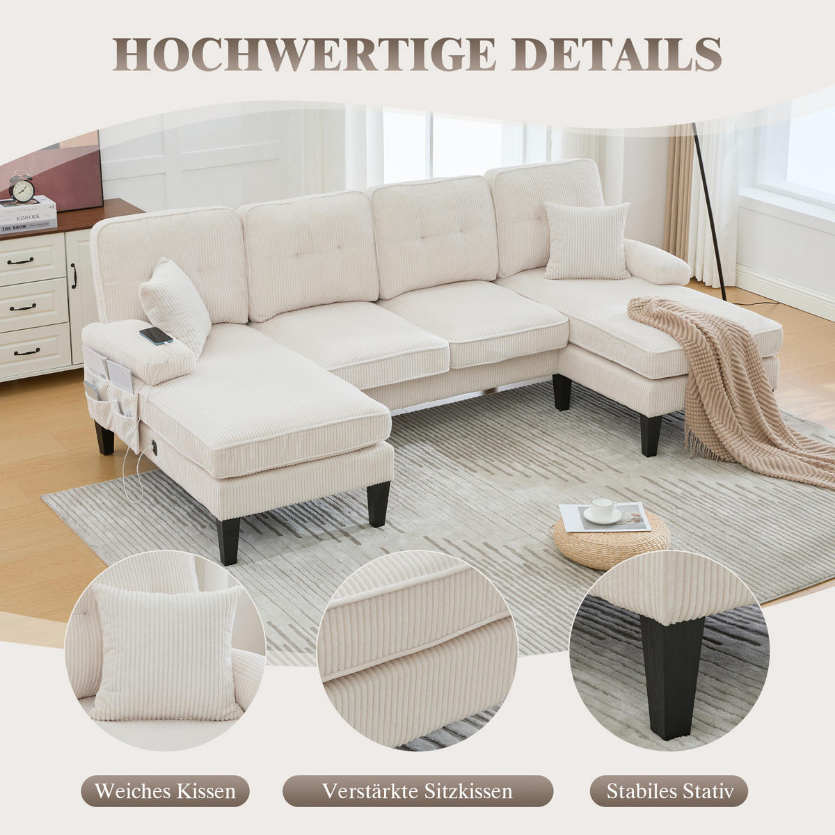 WOHNLANDSCHAFT 250/130/88 cm Beige mit Aufbewahrungsfach und USB/Type-C-Ladeanschluss - Beige, Textil (250/88/130cm) - Oxeza